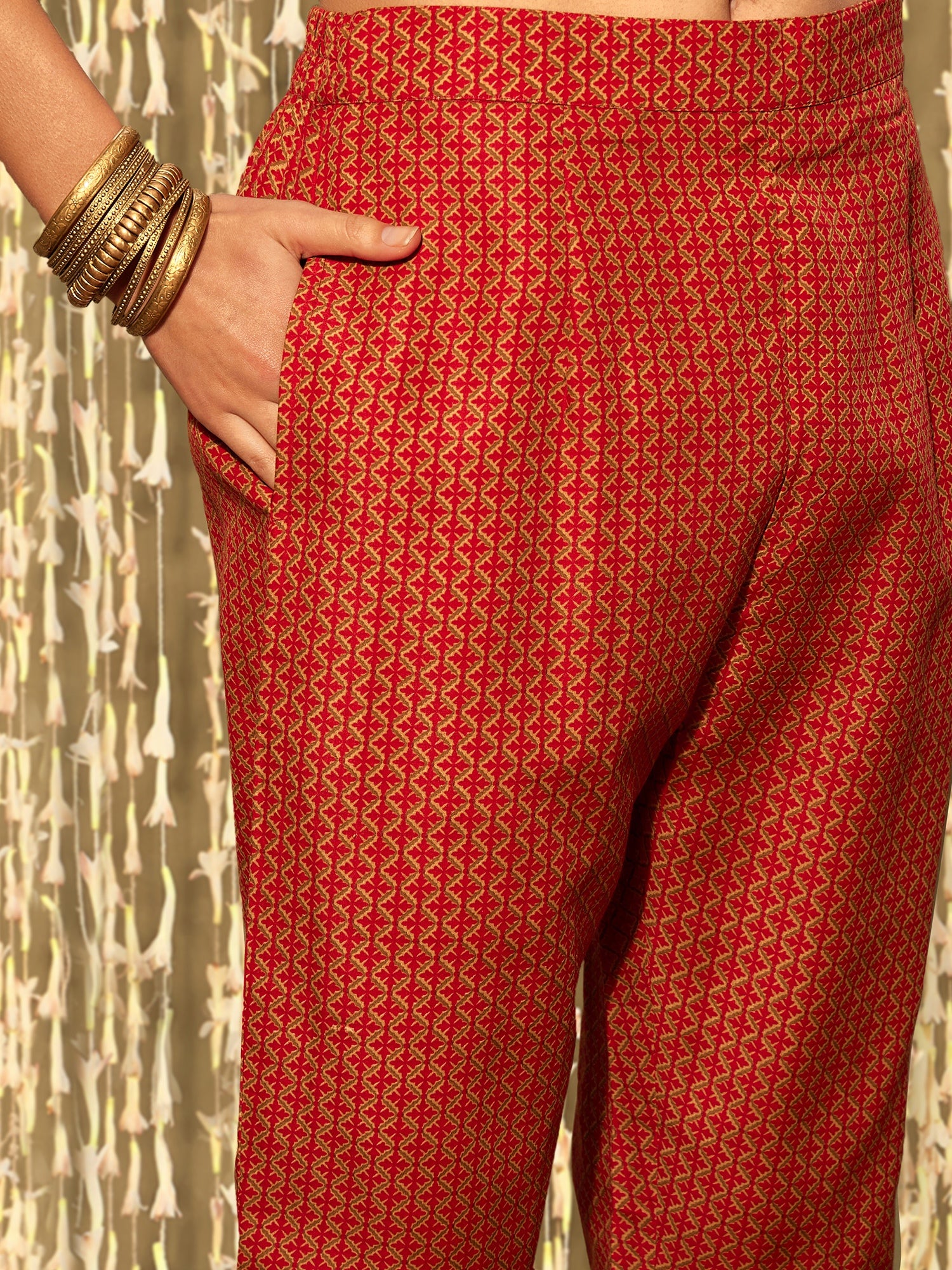 Indo Era Red Printed Straight Kurta Trousers With Dupatta set