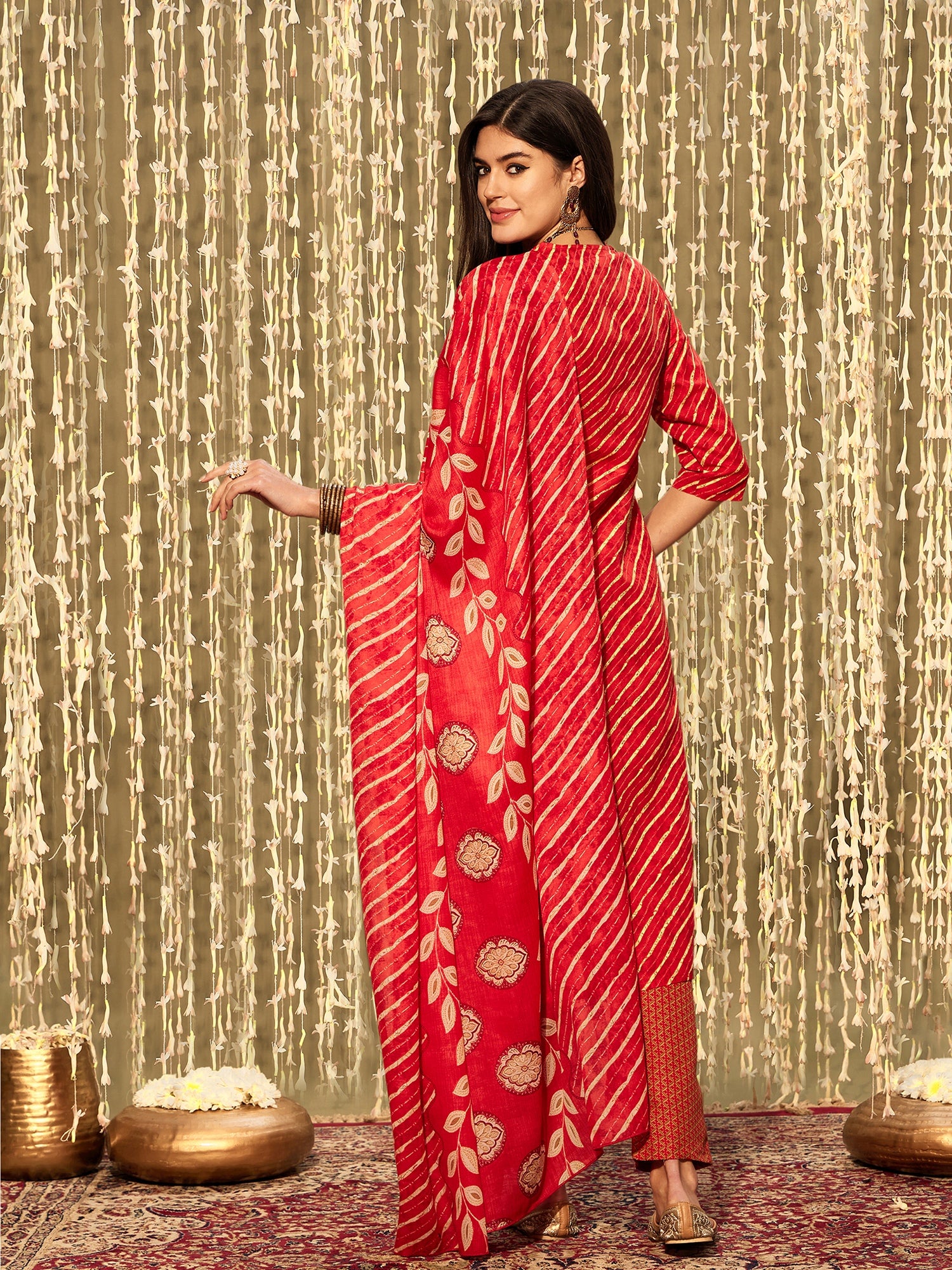 Indo Era Red Printed Straight Kurta Trousers With Dupatta set