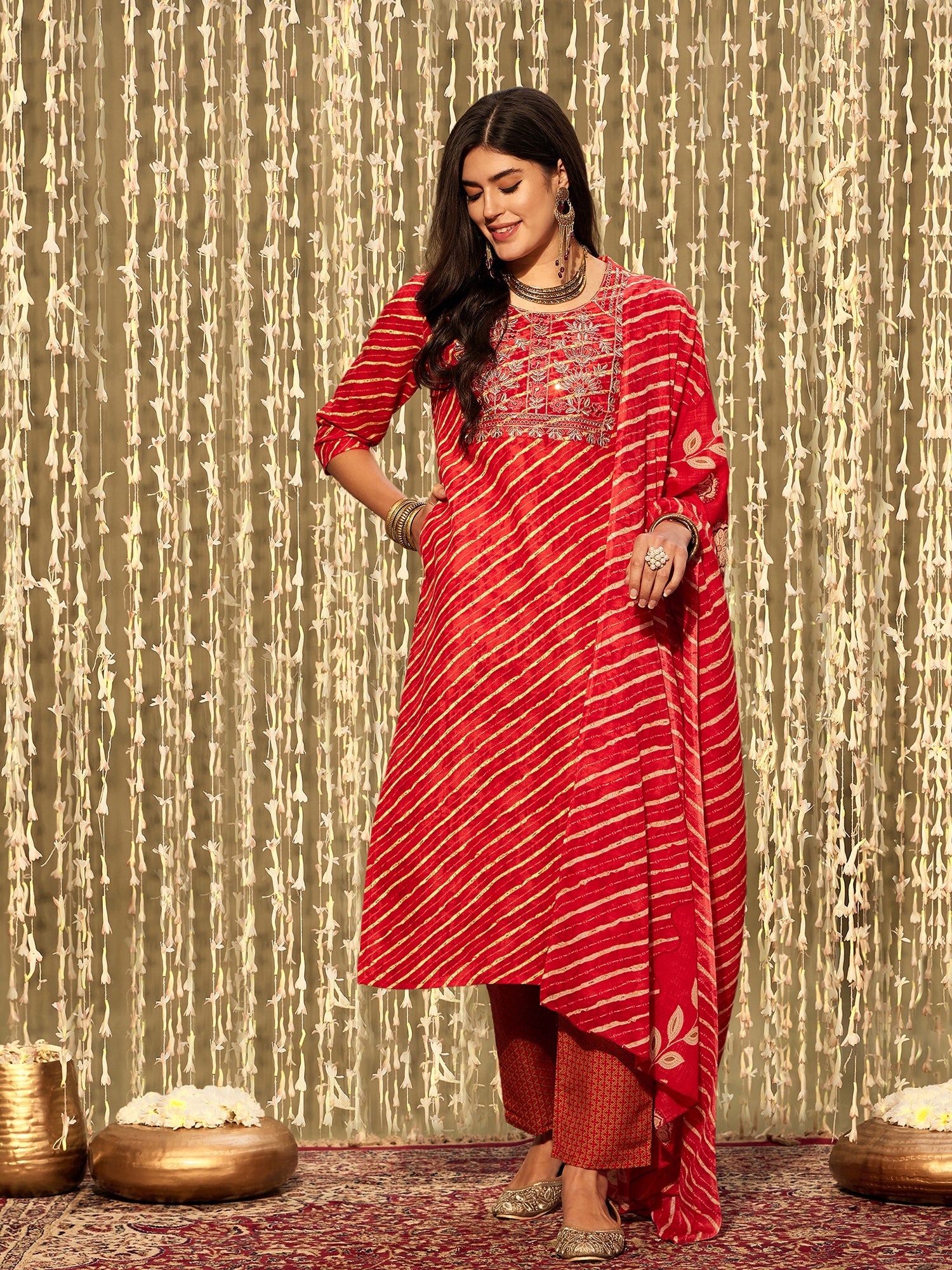 Indo Era Red Printed Straight Kurta Trousers With Dupatta set