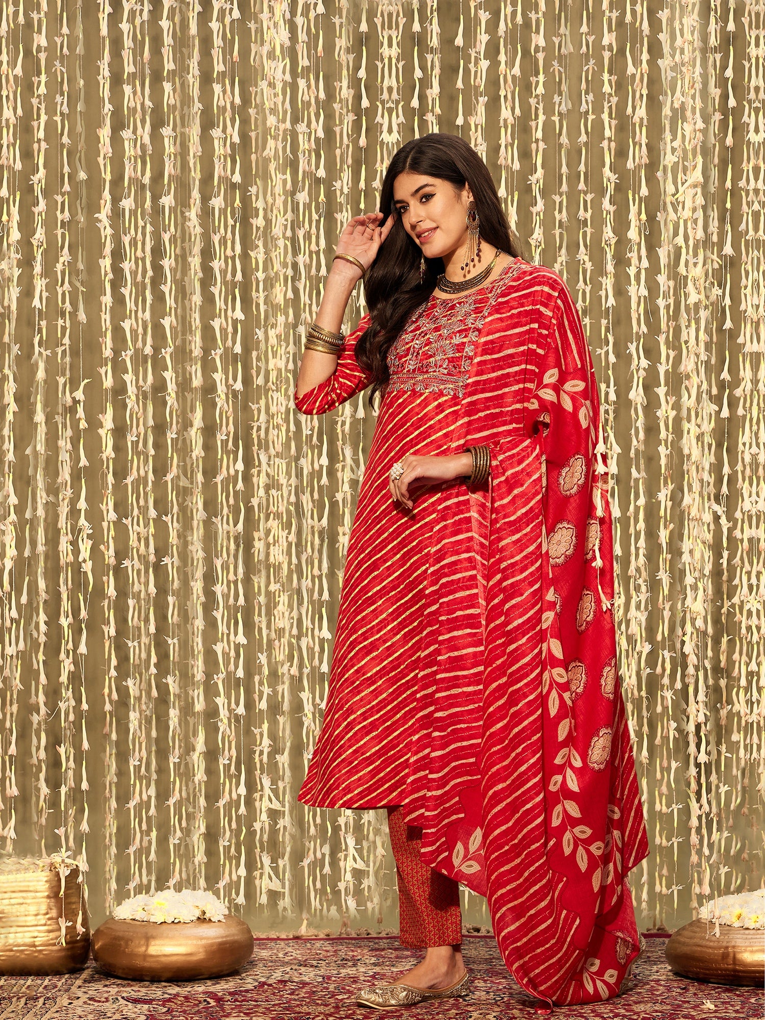 Indo Era Red Printed Straight Kurta Trousers With Dupatta set