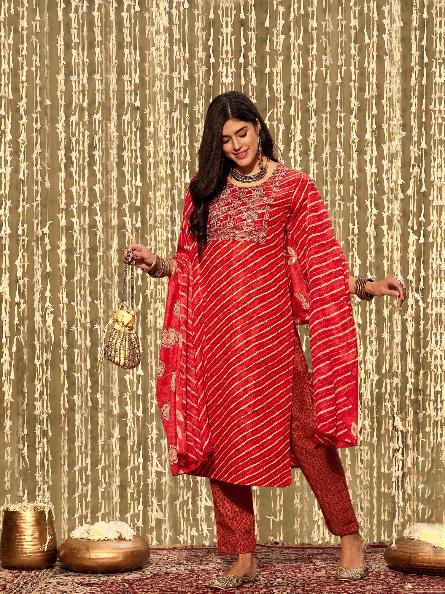 Indo Era Red Printed Straight Kurta Trousers With Dupatta set