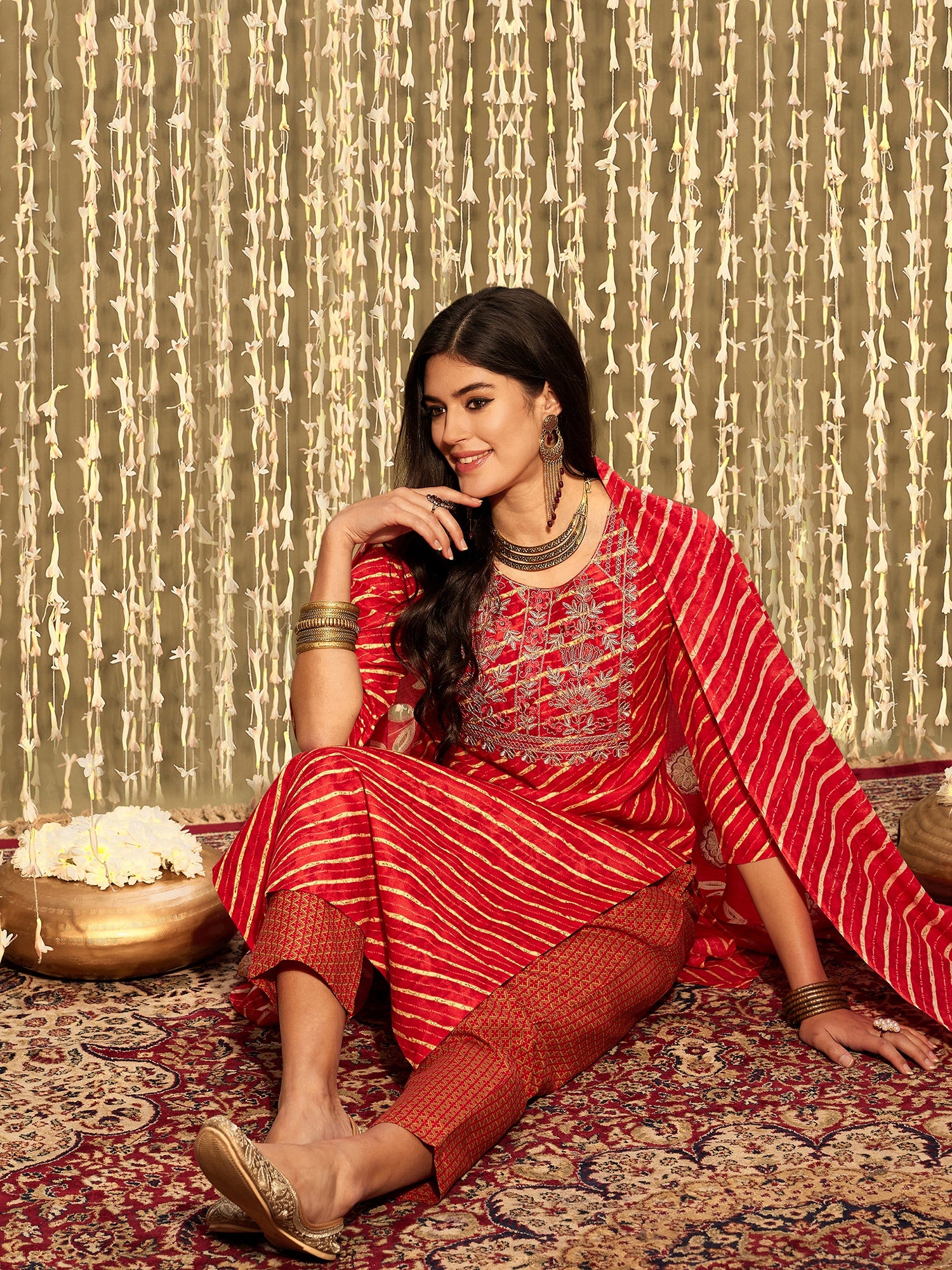 Indo Era Red Printed Straight Kurta Trousers With Dupatta set