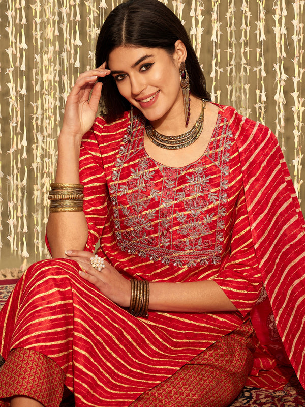 Indo Era Red Printed Straight Kurta Trousers With Dupatta set