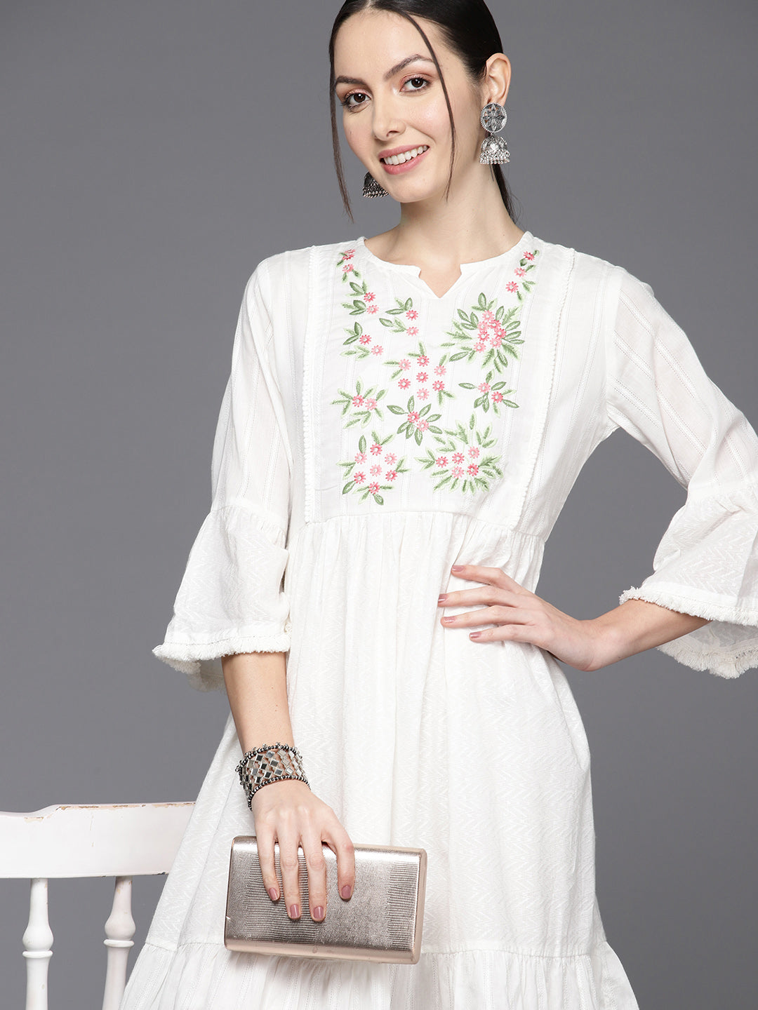Indo Era White Floral Embroidered Bell Sleeves Fringed A-Line Ethnic Dress