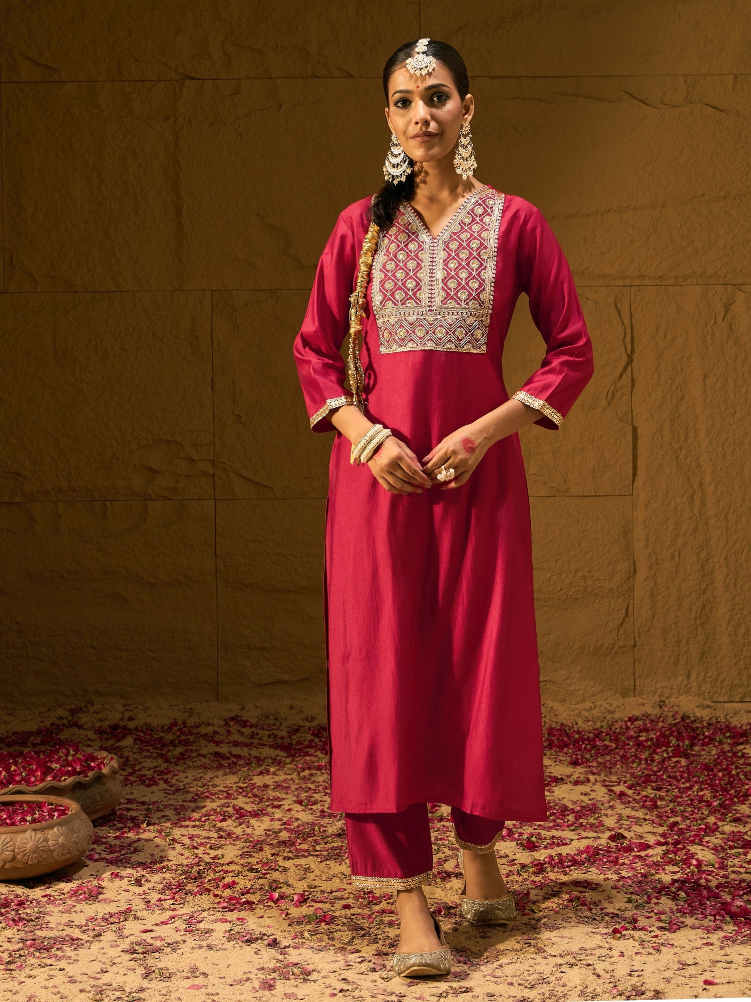 Indo Era Red Embroidered Straight Kurta Trousers With Dupatta Set