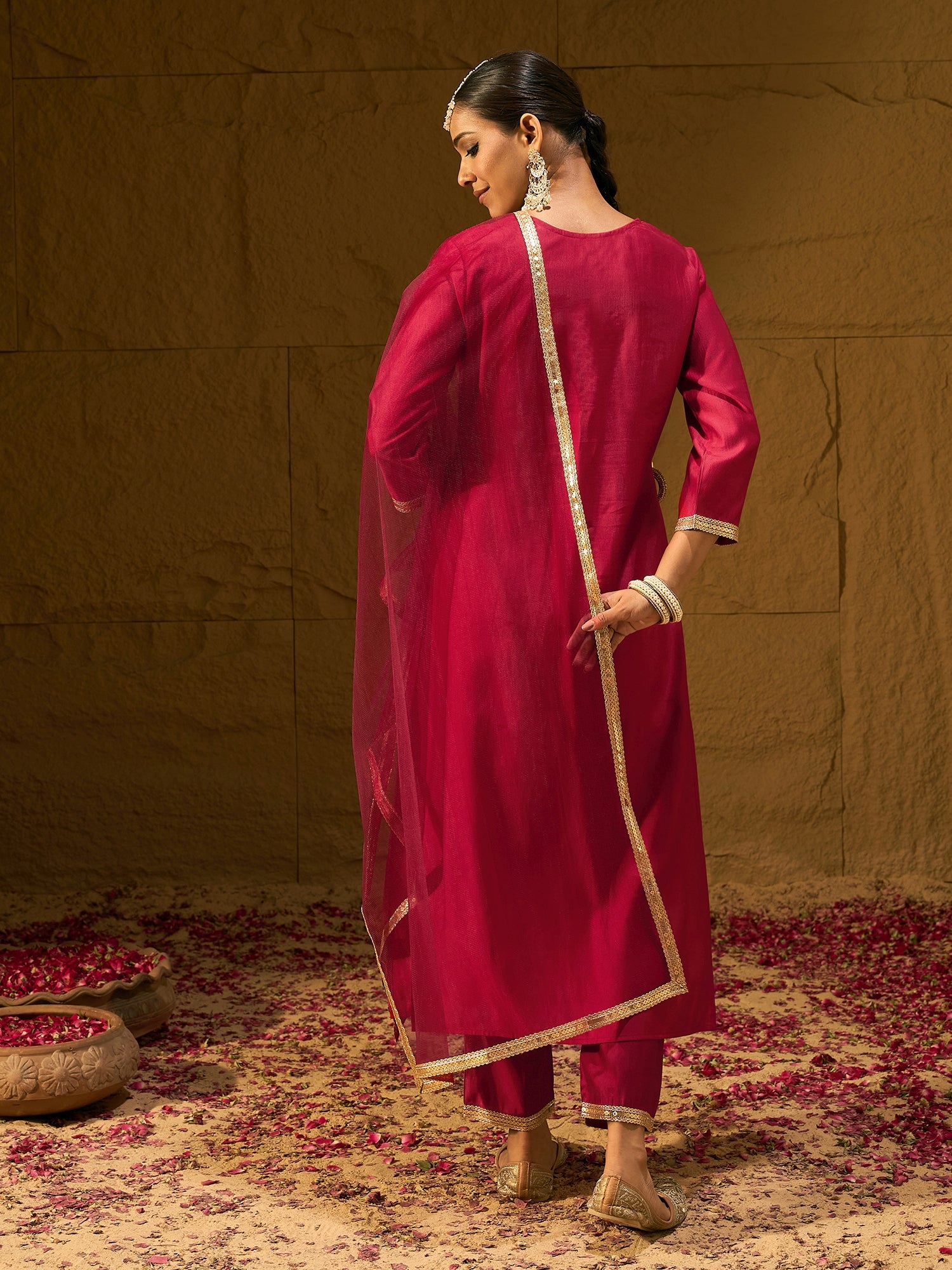 Indo Era Red Embroidered Straight Kurta Trousers With Dupatta Set