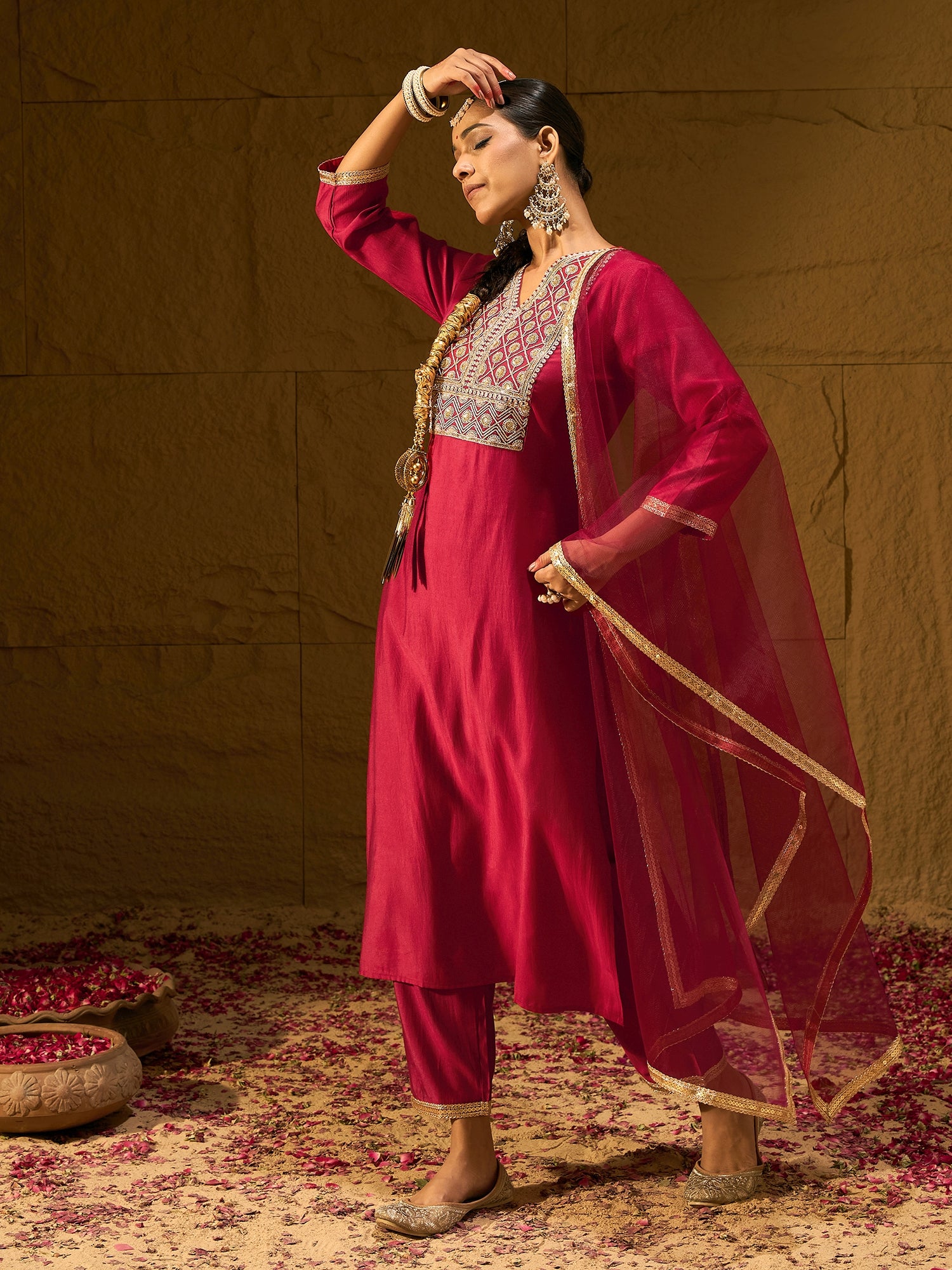 Indo Era Red Embroidered Straight Kurta Trousers With Dupatta Set