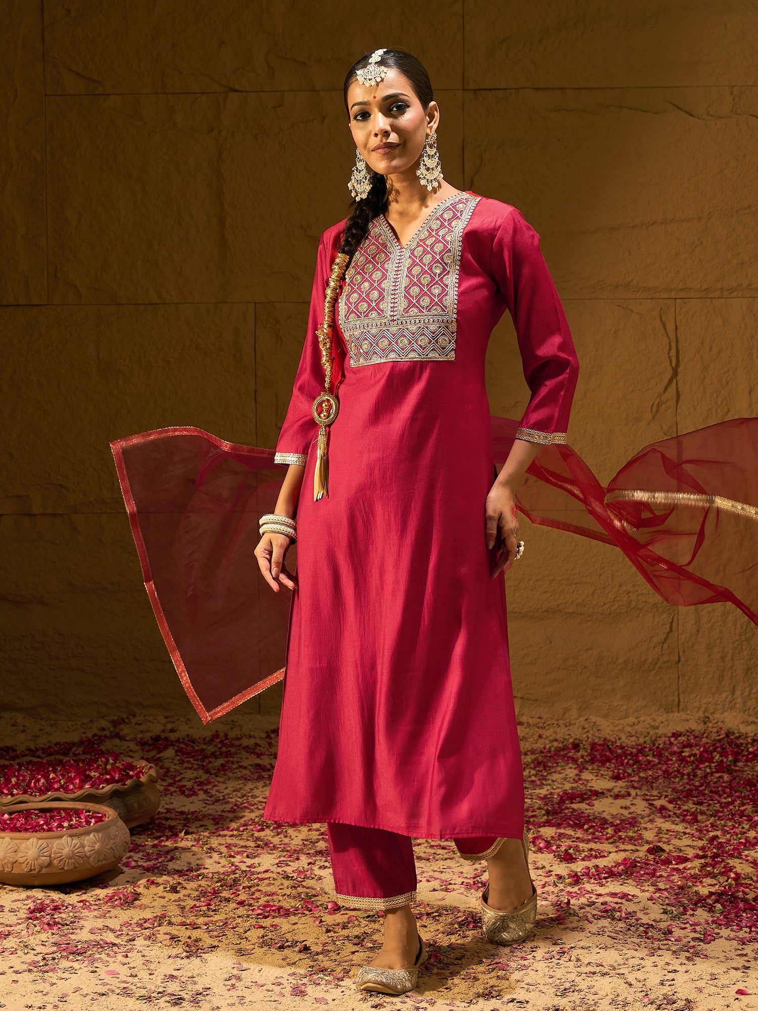 Indo Era Red Embroidered Straight Kurta Trousers With Dupatta Set