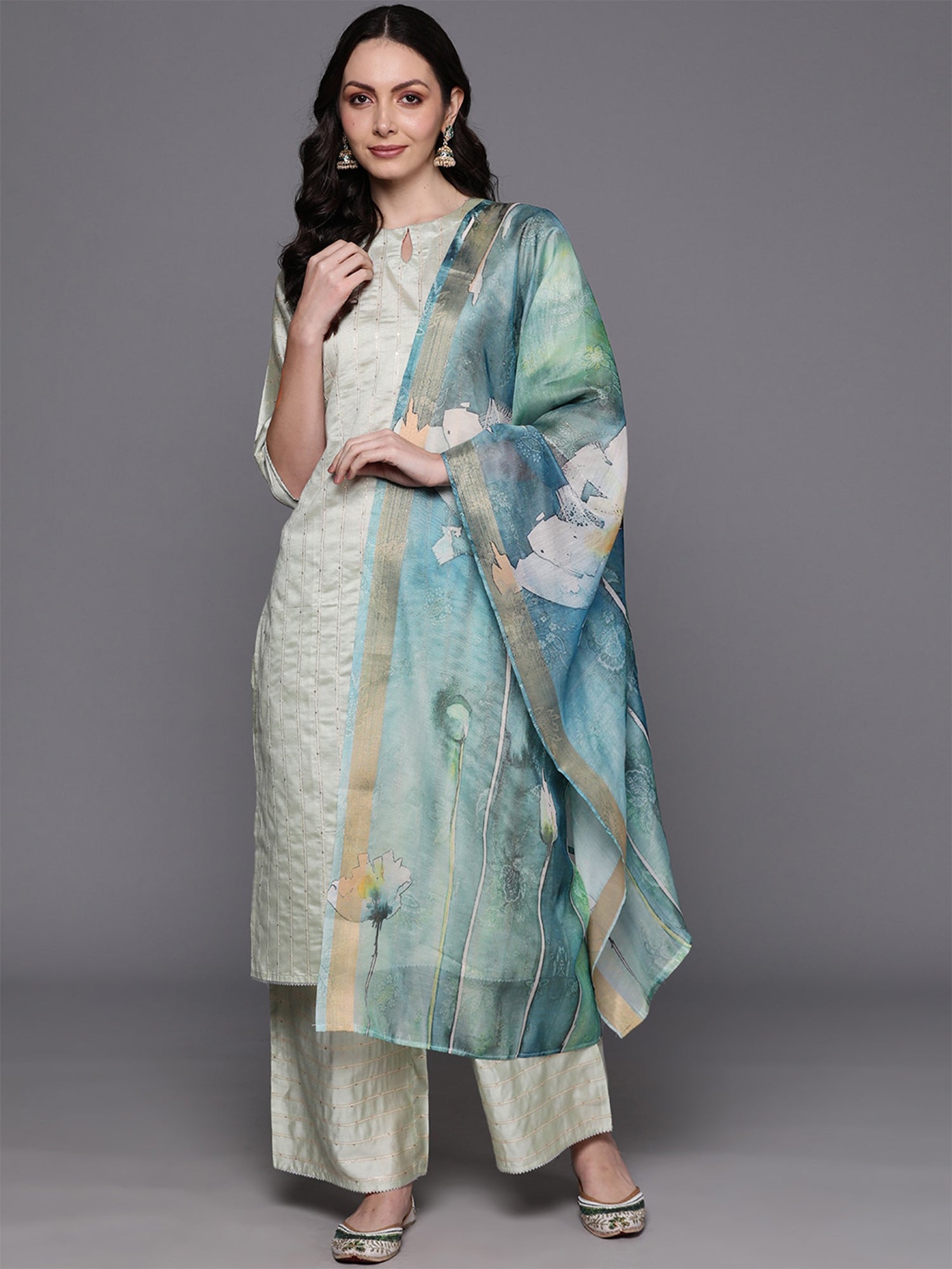 Indo Era Sea Green Striped Straight Kurta Palazzos With Dupatta Set