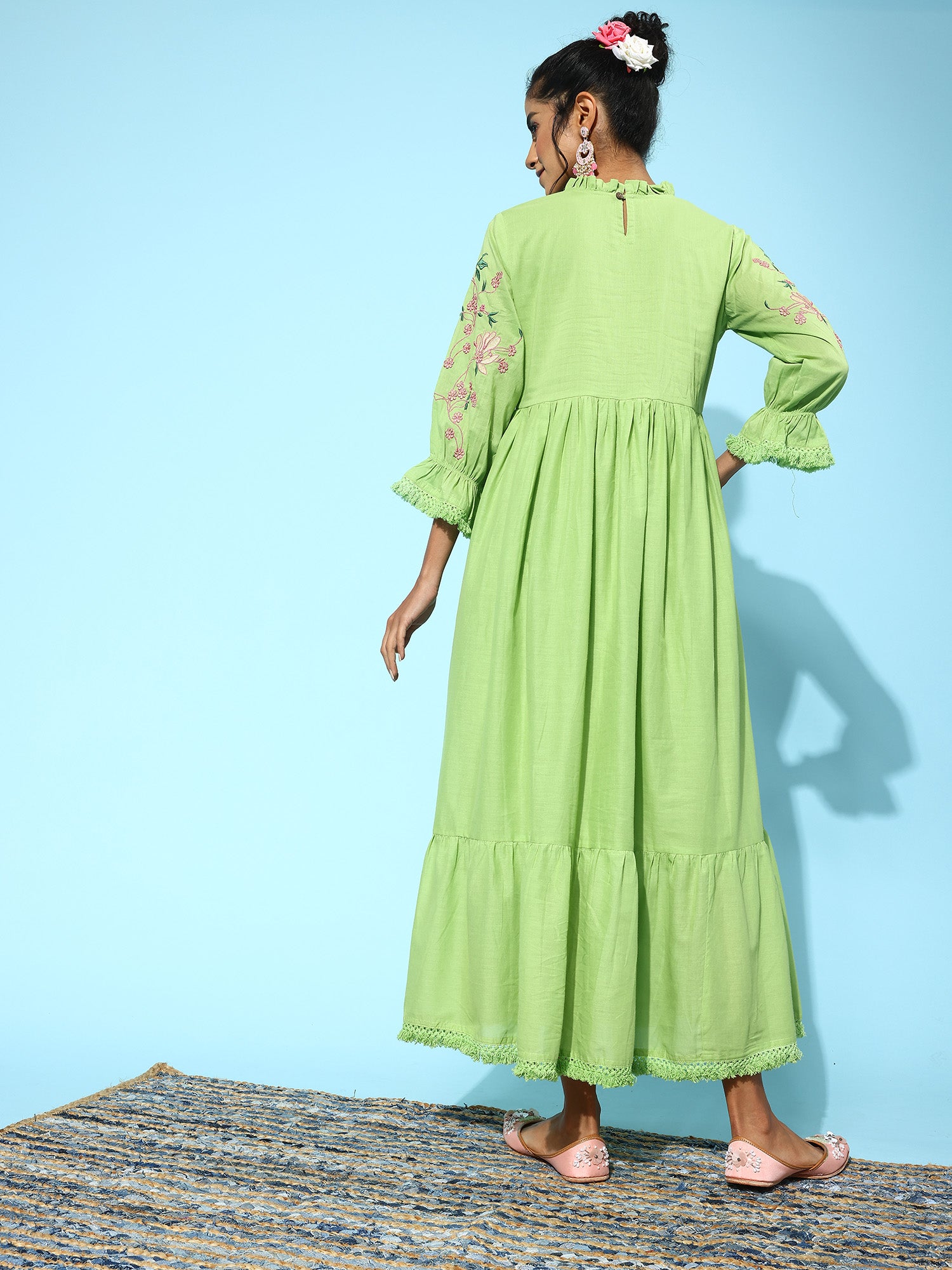 Indo Era Green Floral Embroidered Embellished Bell Sleeves A-Line Midi Ethnic Dress