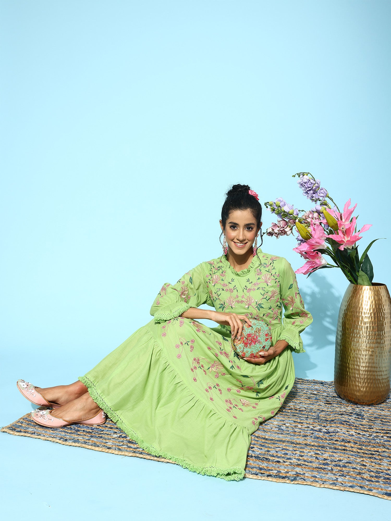 Indo Era Green Floral Embroidered Embellished Bell Sleeves A-Line Midi Ethnic Dress