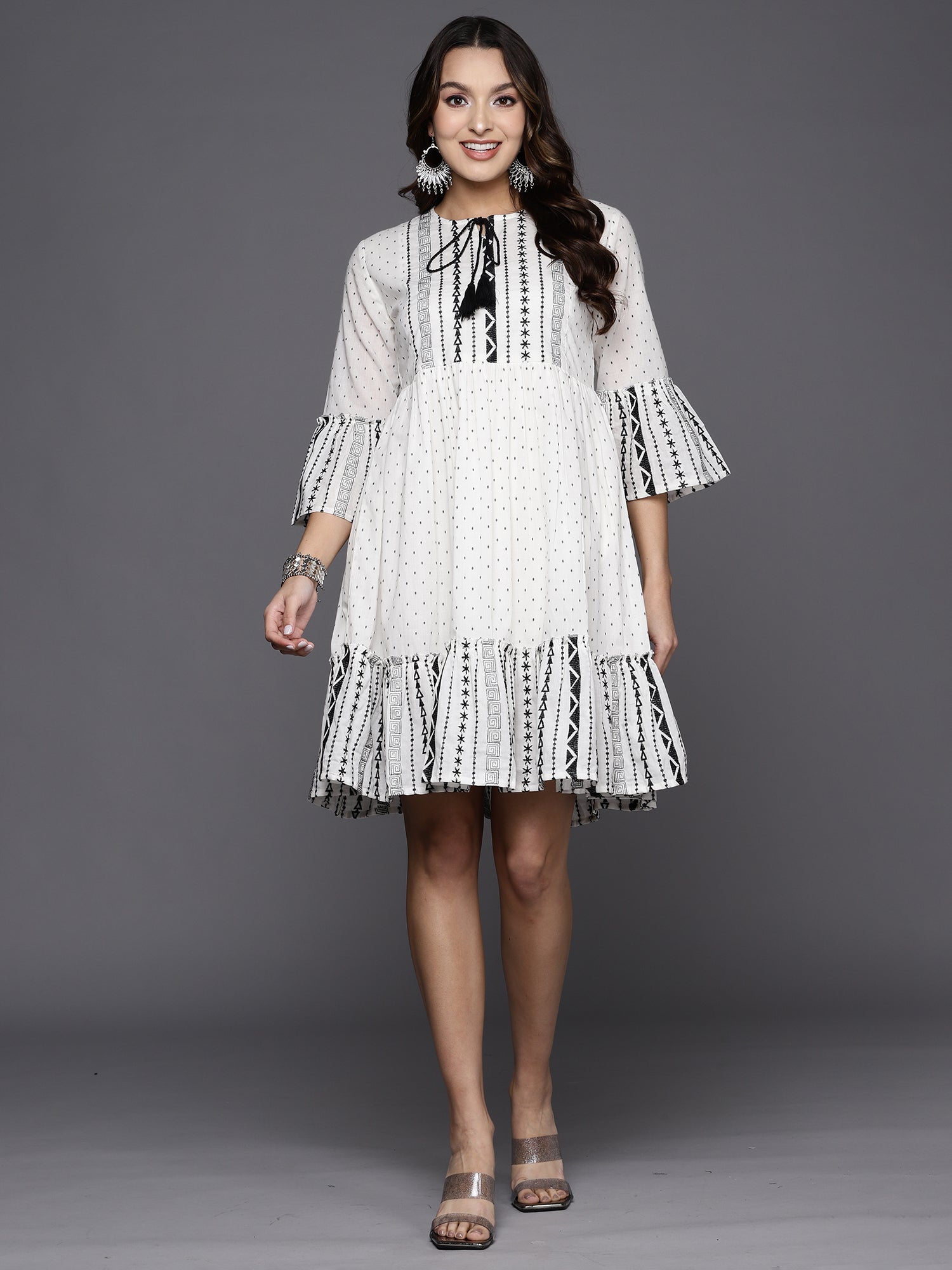 Indo Era White Printed Tie-Up Neck Bell Sleeves A-Line Dress