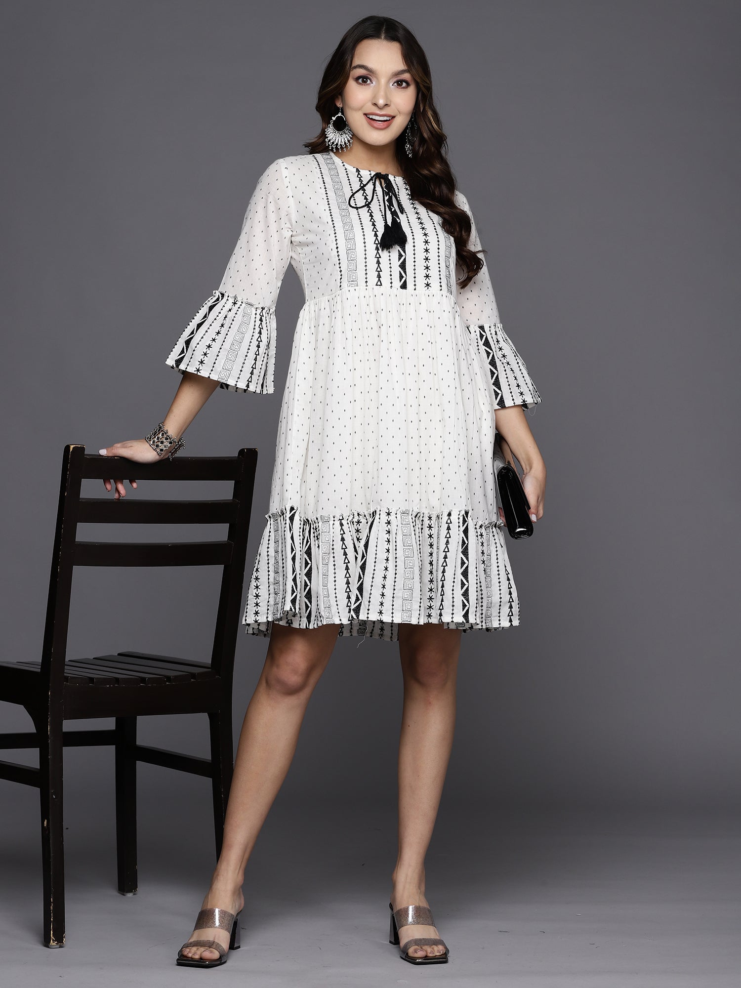 Indo Era White Printed Tie-Up Neck Bell Sleeves A-Line Dress