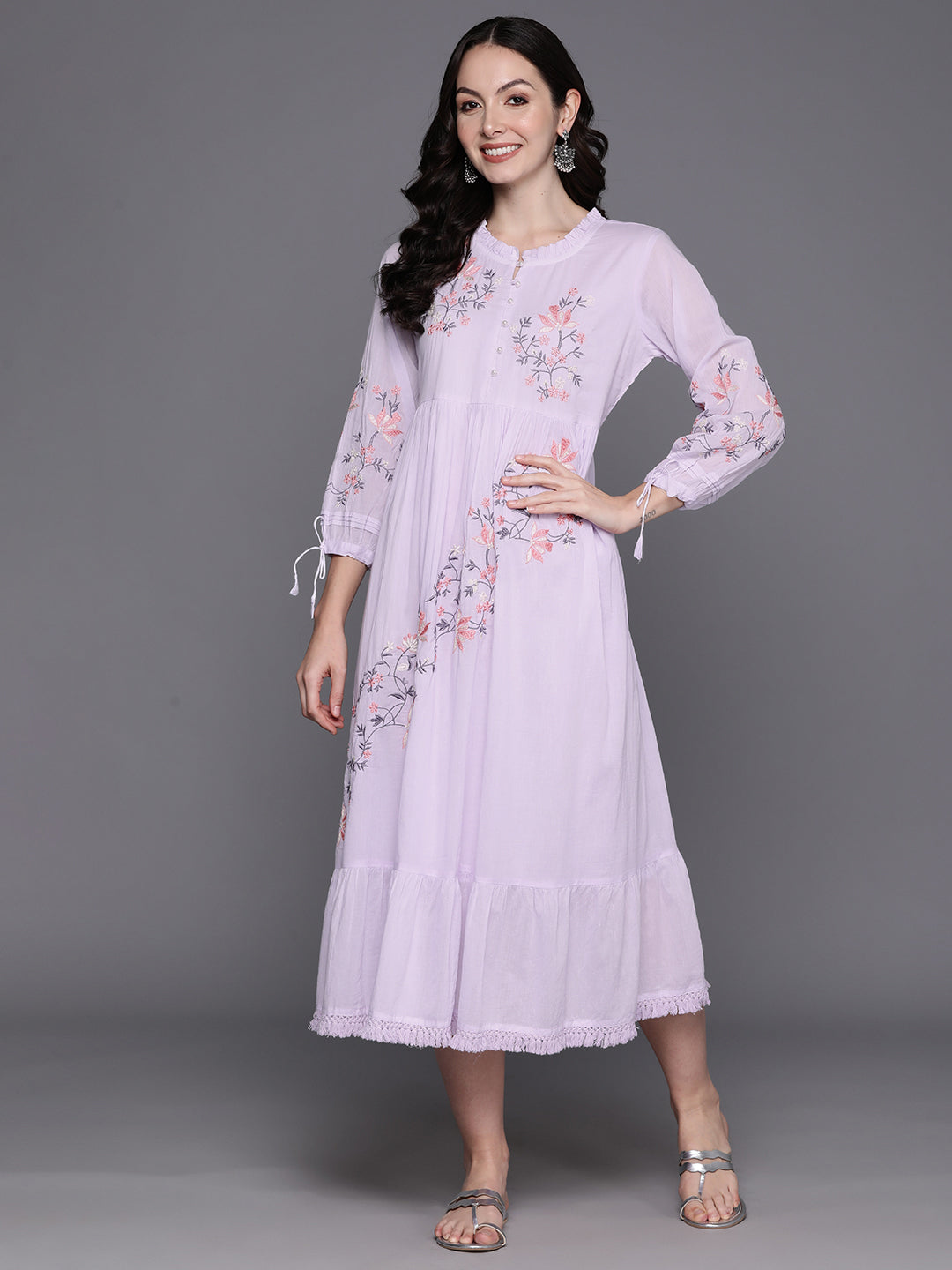 Indo Era Lavender Floral Embroidered Puff Sleeve A-Line Midi Dress
