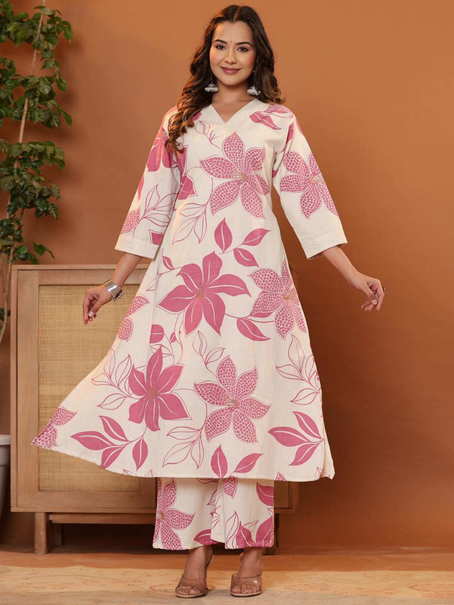 Indo Era White Printed A-Line Kurta Palazzos  Set