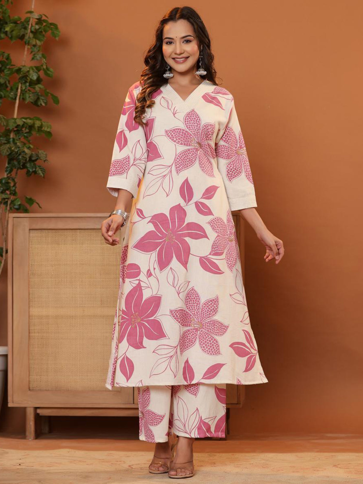 Indo Era White Printed A-Line Kurta Palazzos  Set