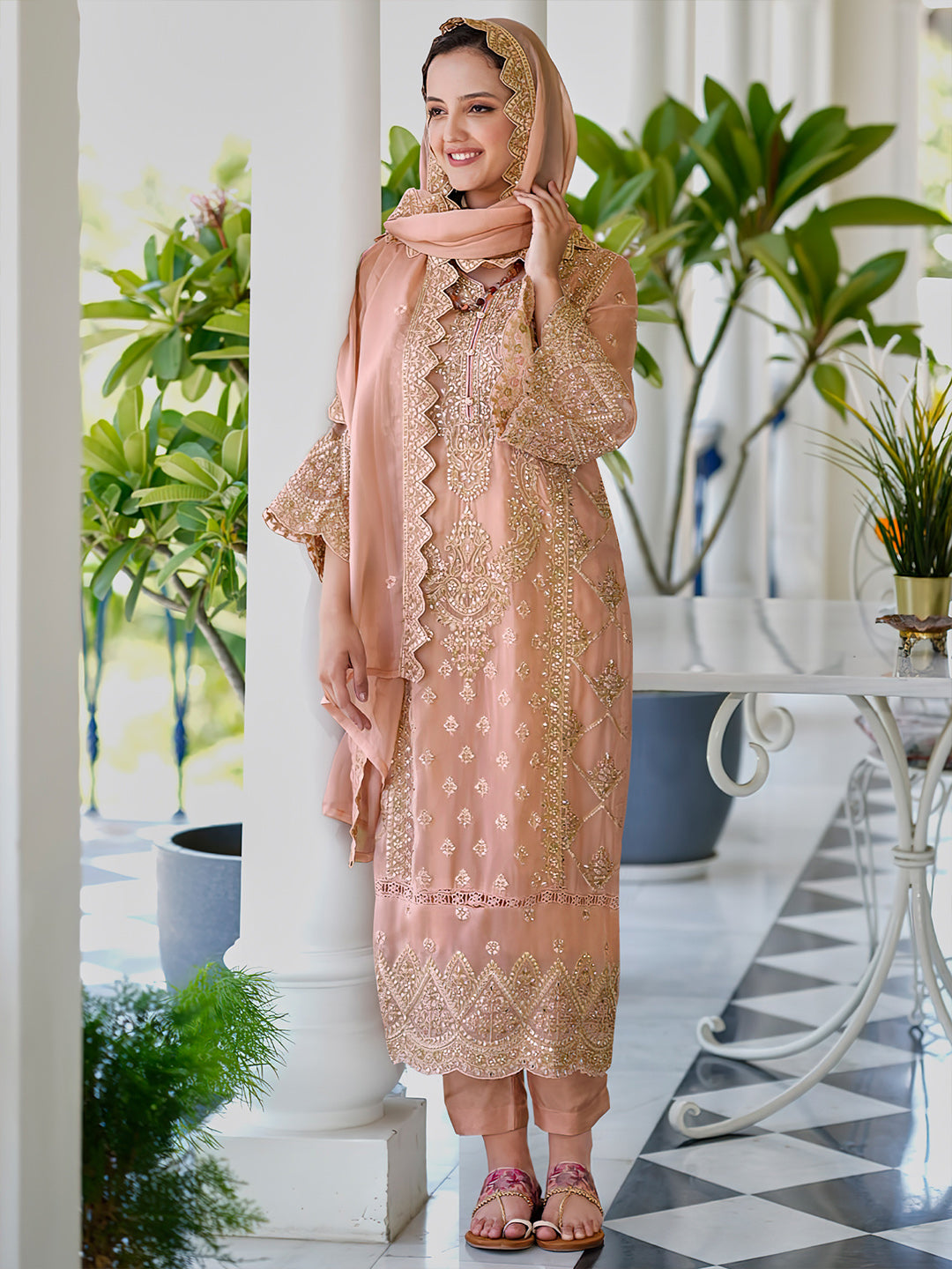 Indo Era Peach Embroidered Straight Kurta Trousers With Dupatta Set