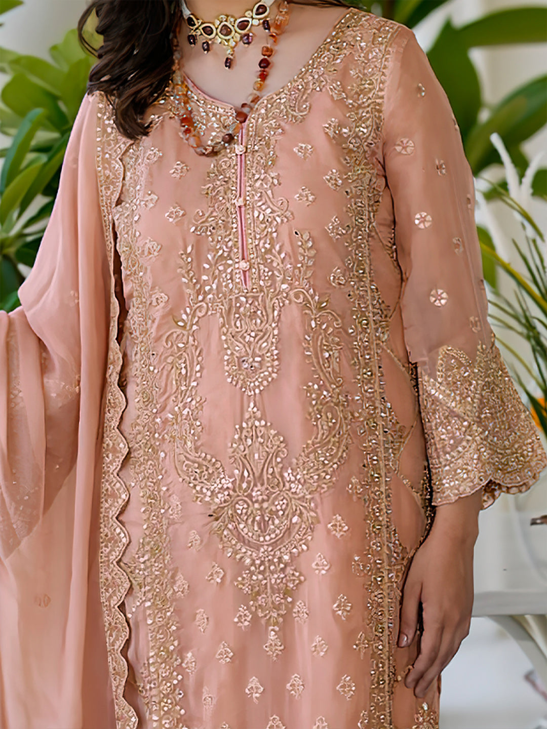 Indo Era Peach Embroidered Straight Kurta Trousers With Dupatta Set