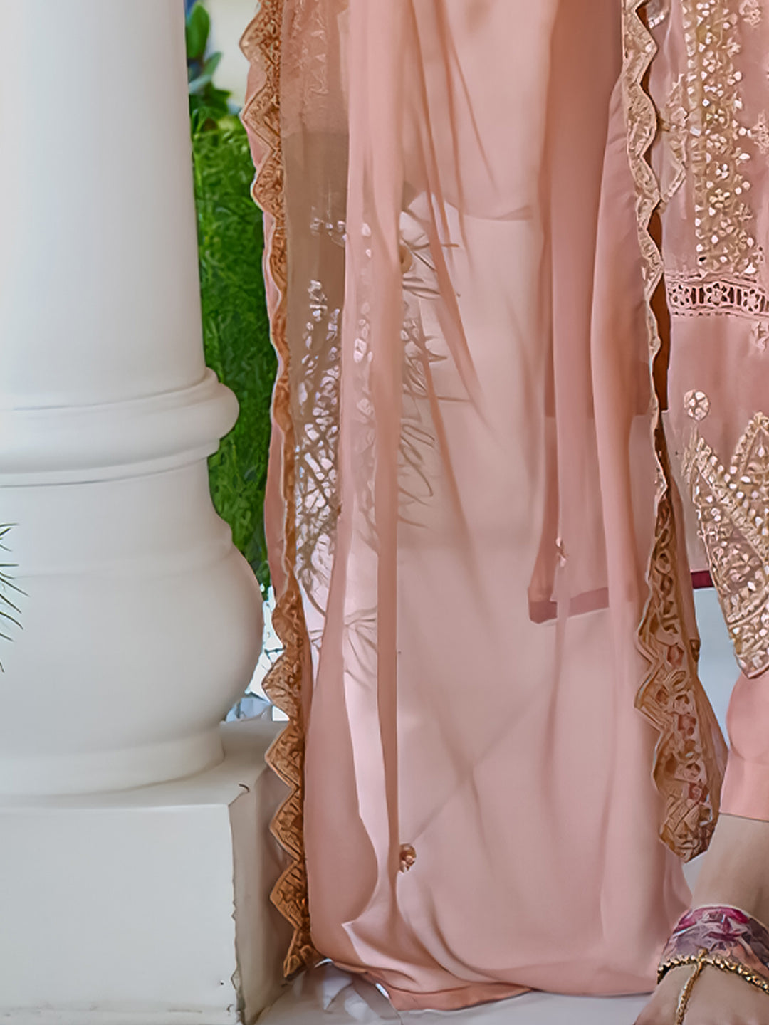 Indo Era Peach Embroidered Straight Kurta Trousers With Dupatta Set