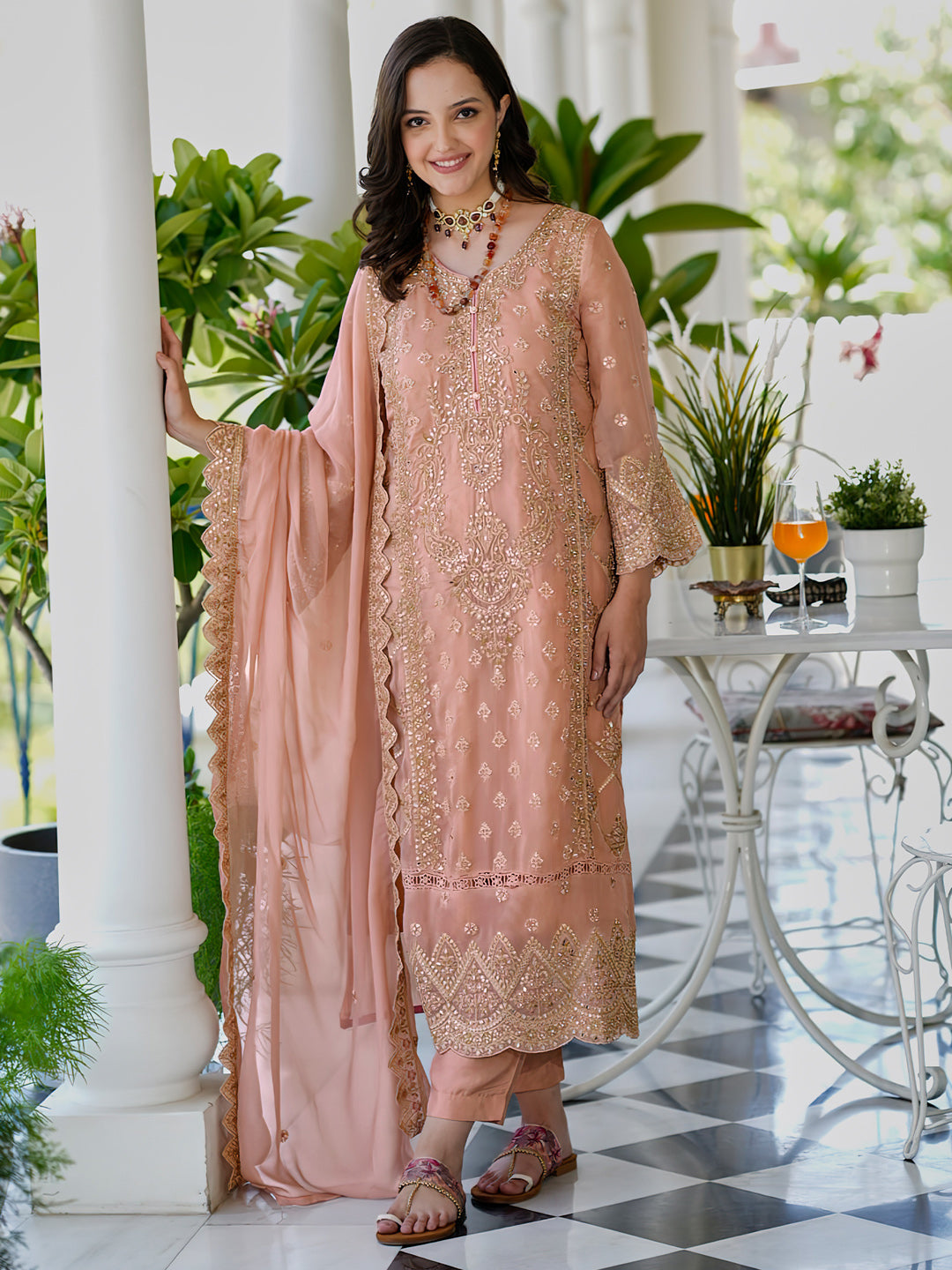 Indo Era Peach Embroidered Straight Kurta Trousers With Dupatta Set