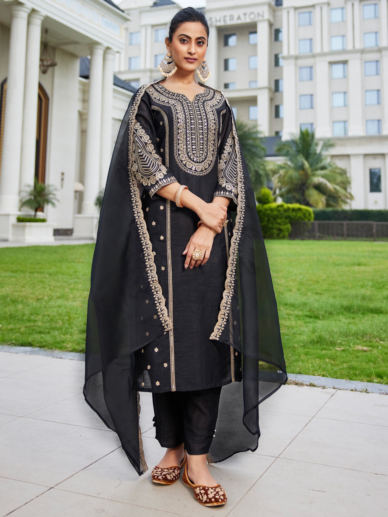 Indo Era Black Embroidered A-Line Kurta Trousers With Dupatta Set