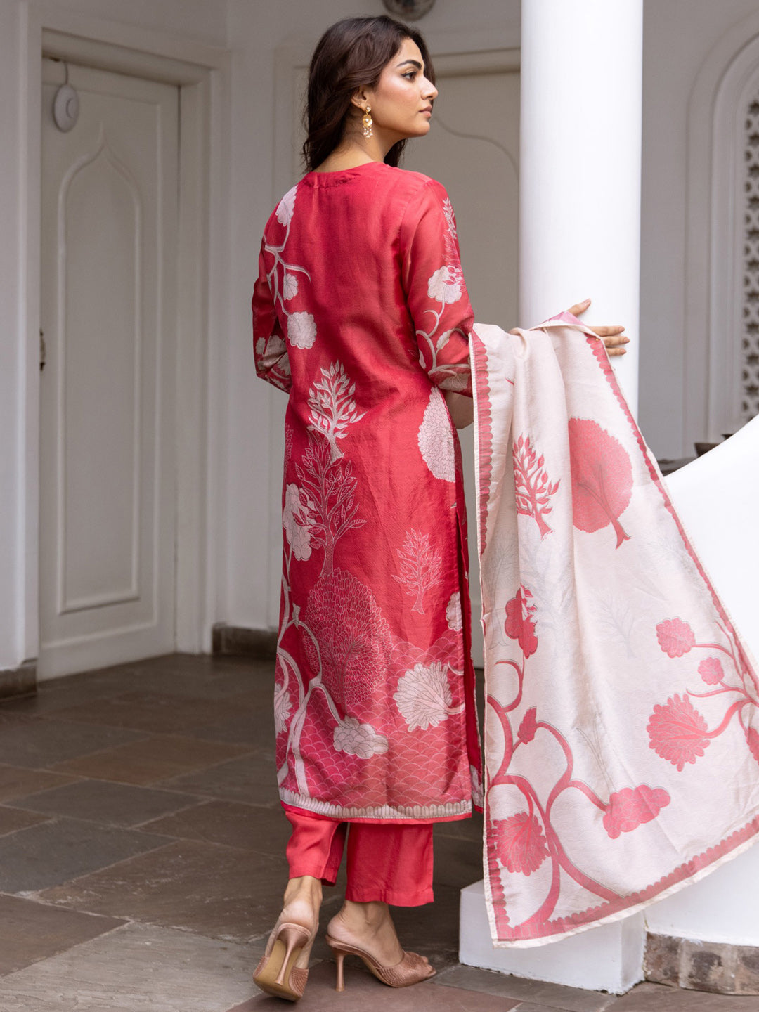 Indo Era Red Printed Straight Kurta Trousers With Dupatta Set