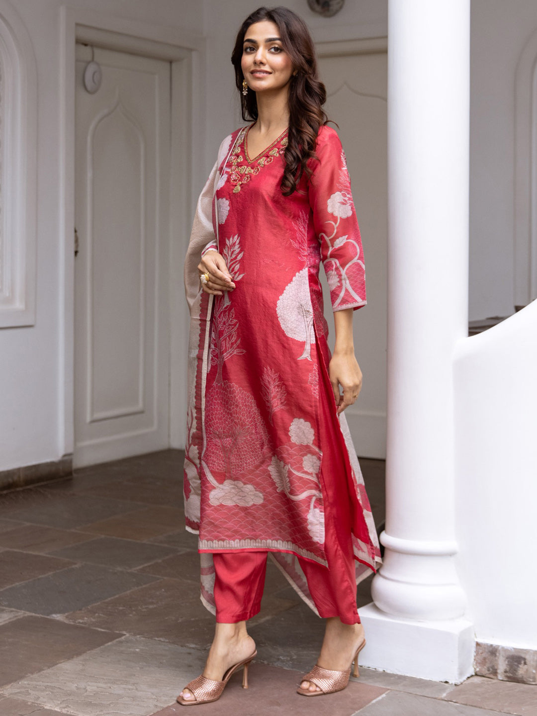 Indo Era Red Printed Straight Kurta Trousers With Dupatta Set