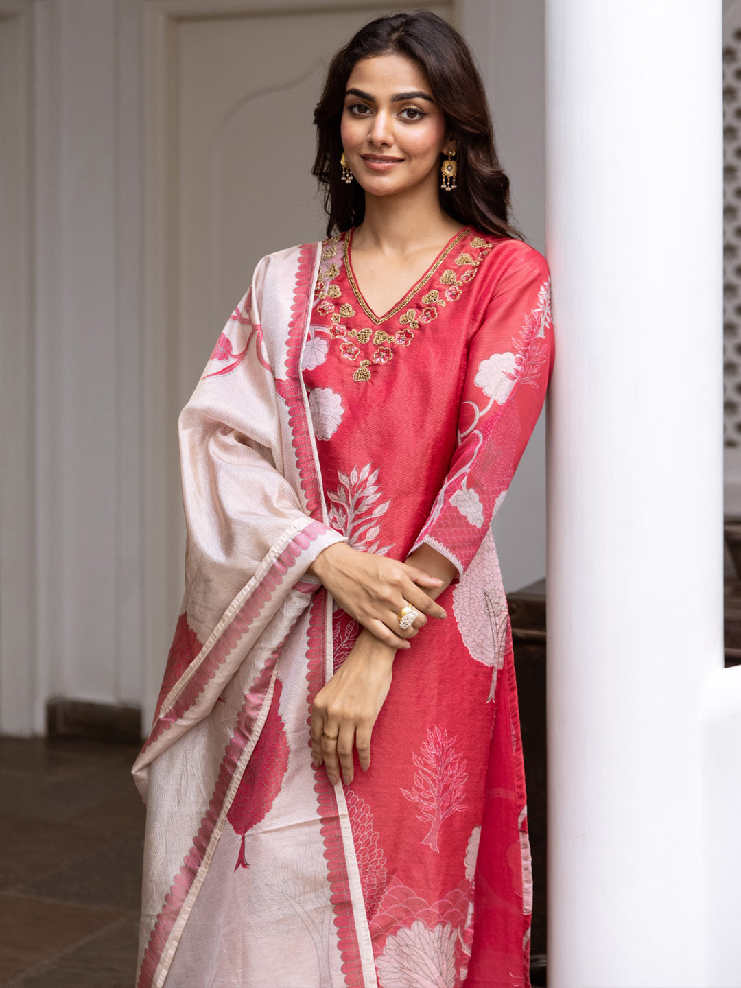 Indo Era Red Printed Straight Kurta Trousers With Dupatta Set