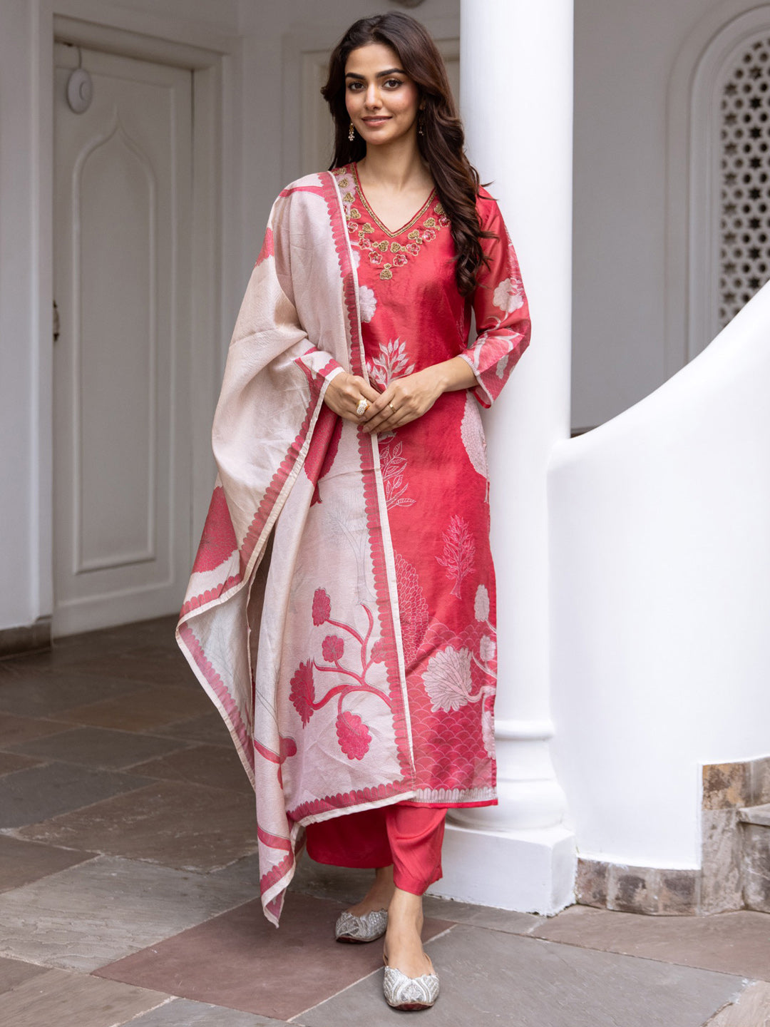 Indo Era Red Printed Straight Kurta Trousers With Dupatta Set