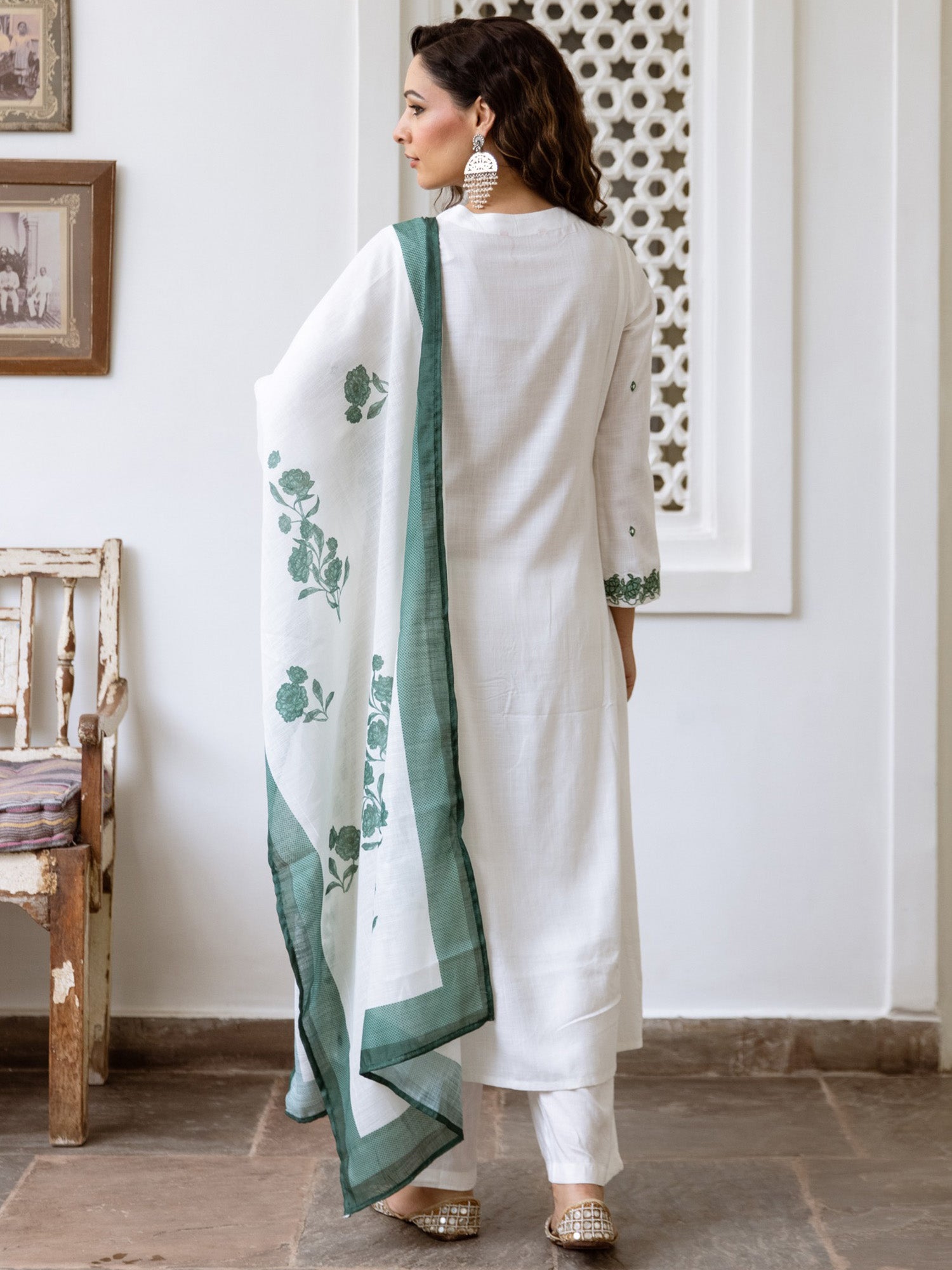 Indo Era Off White Embroidered A-Line Kurta Trousers With Dupatta Set