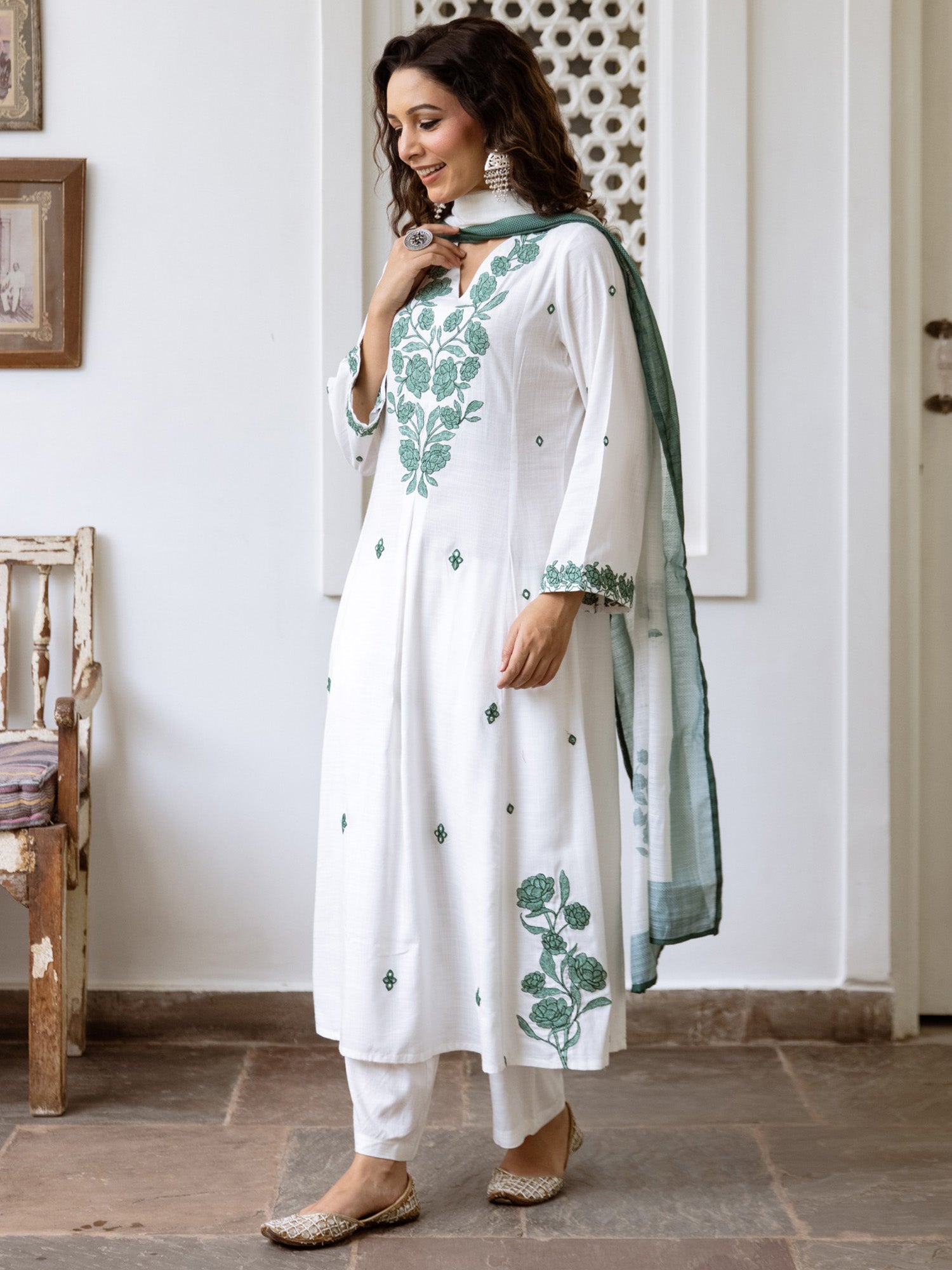 Indo Era Off White Embroidered A-Line Kurta Trousers With Dupatta Set