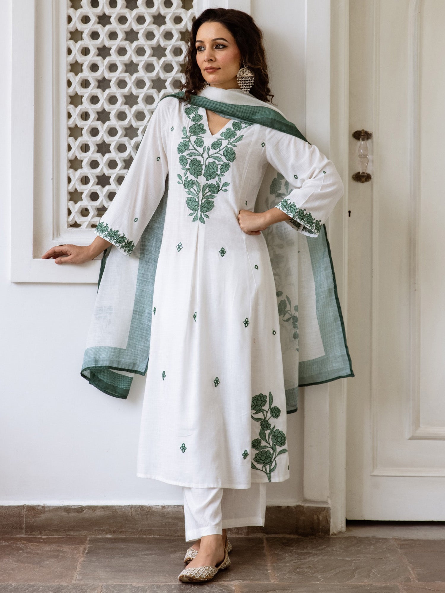 Indo Era Off White Embroidered A-Line Kurta Trousers With Dupatta Set