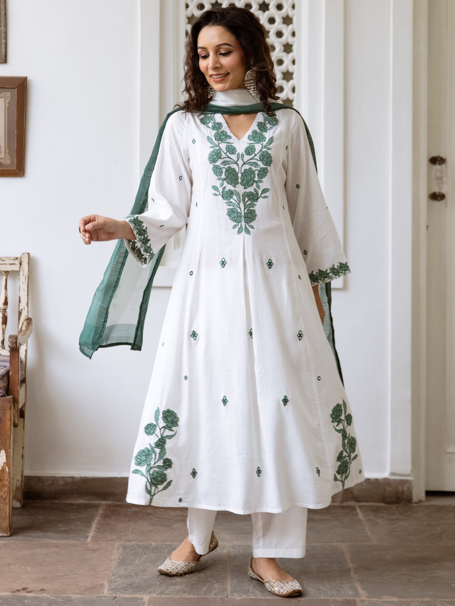 Indo Era Off White Embroidered A-Line Kurta Trousers With Dupatta Set