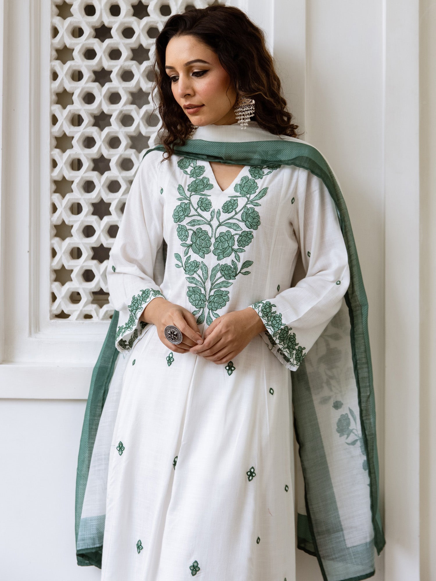 Indo Era Off White Embroidered A-Line Kurta Trousers With Dupatta Set