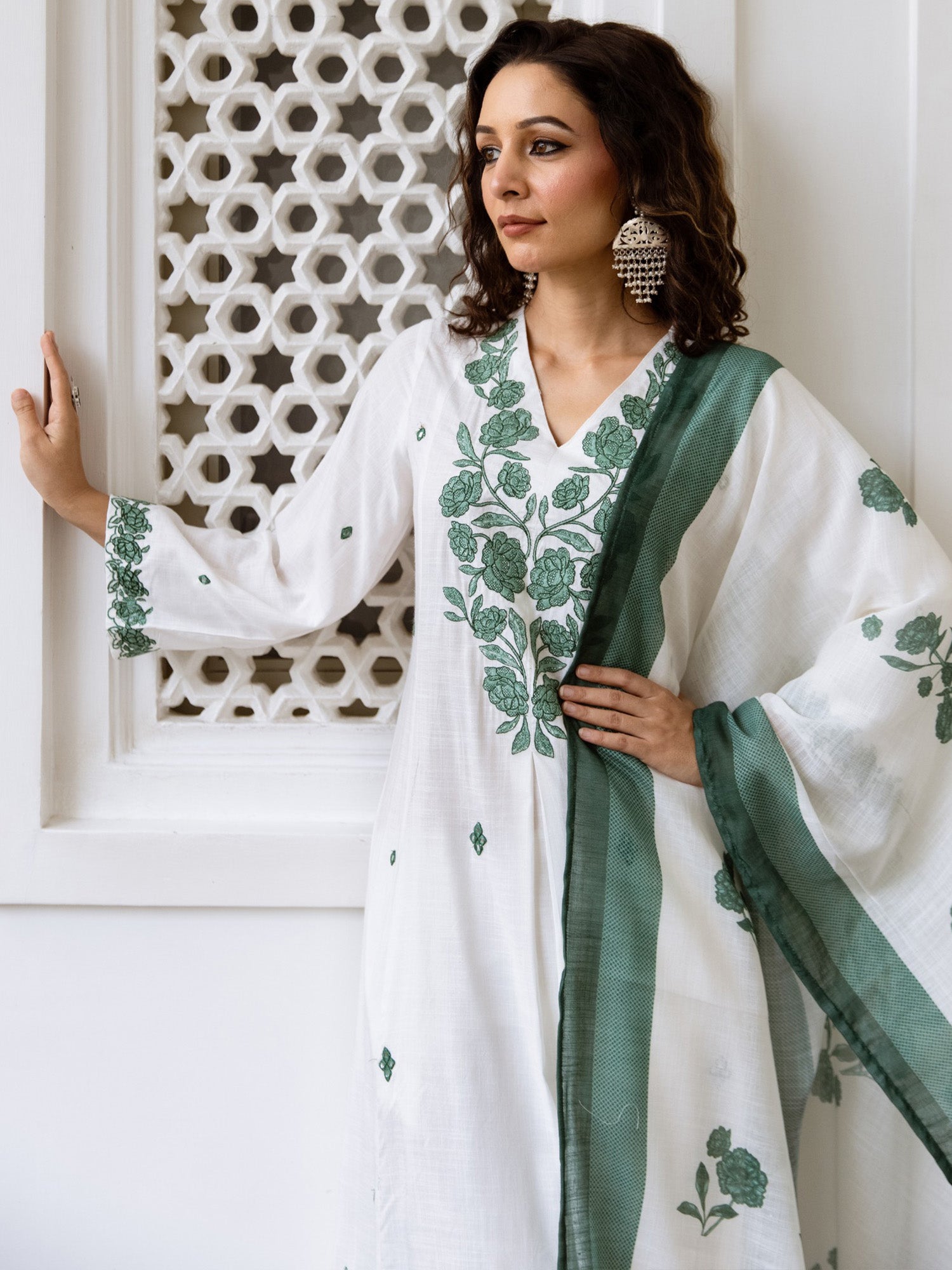 Indo Era Off White Embroidered A-Line Kurta Trousers With Dupatta Set