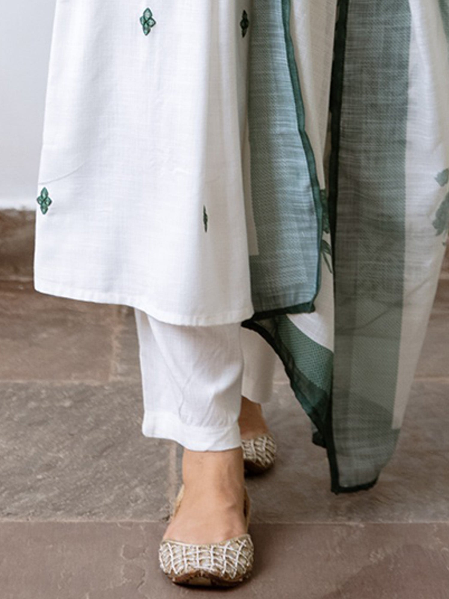 Indo Era Off White Embroidered A-Line Kurta Trousers With Dupatta Set