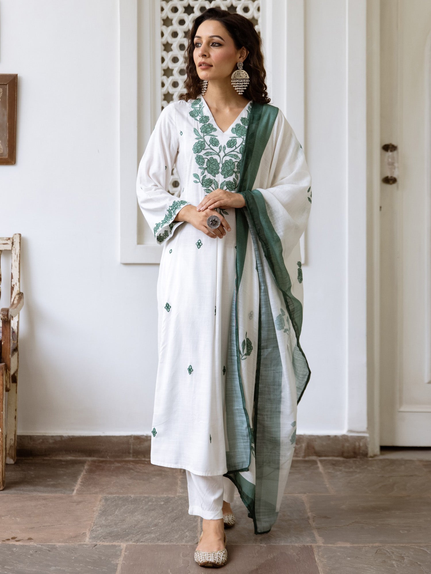 Indo Era Off White Embroidered A-Line Kurta Trousers With Dupatta Set