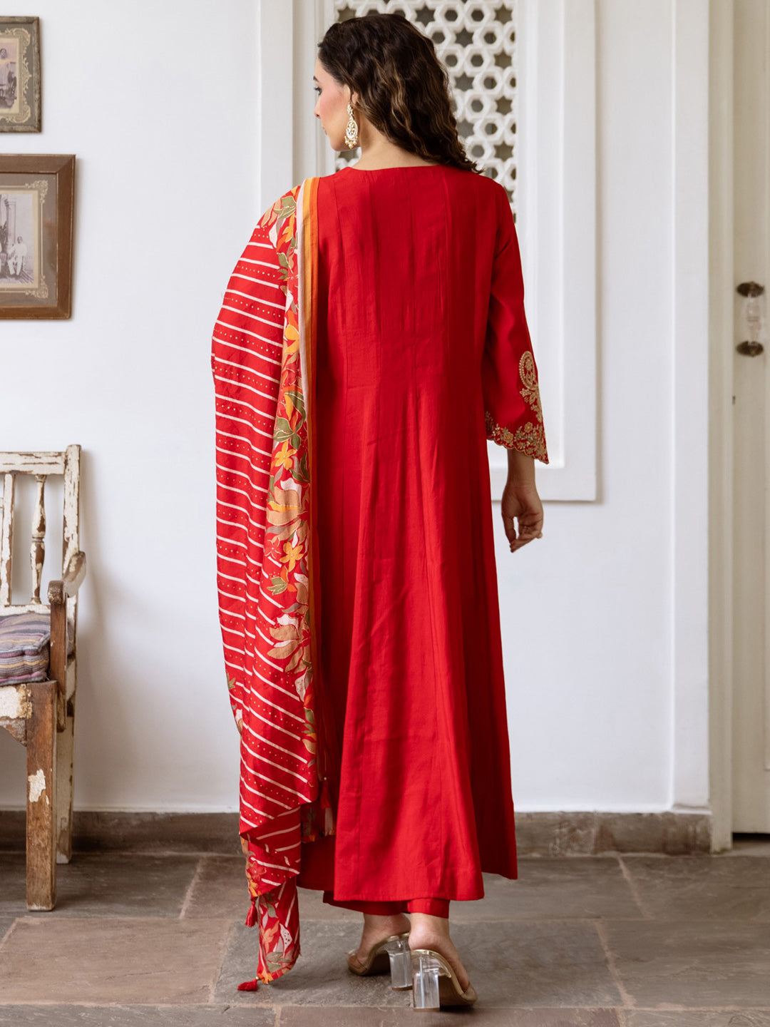 Indo Era Red Embroidered A-Line Kurta Trousers With Dupatta Set