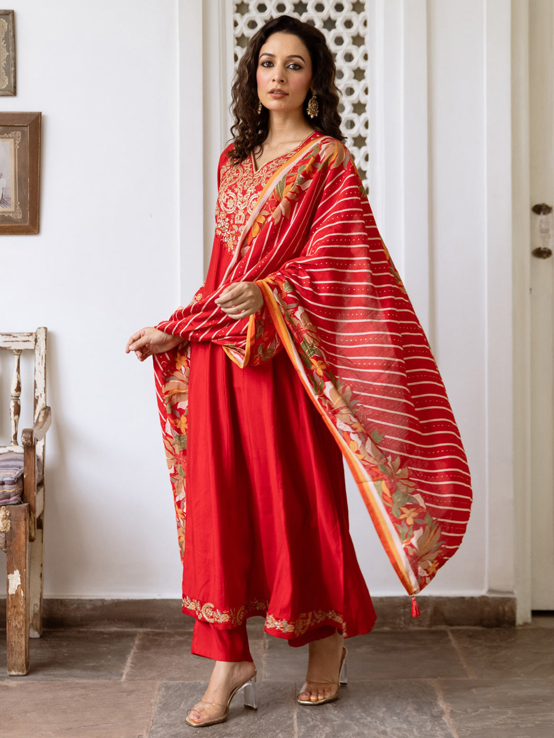 Indo Era Red Embroidered A-Line Kurta Trousers With Dupatta Set