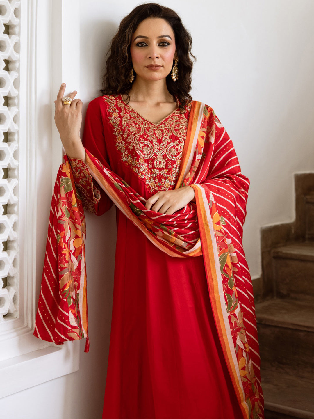 Indo Era Red Embroidered A-Line Kurta Trousers With Dupatta Set