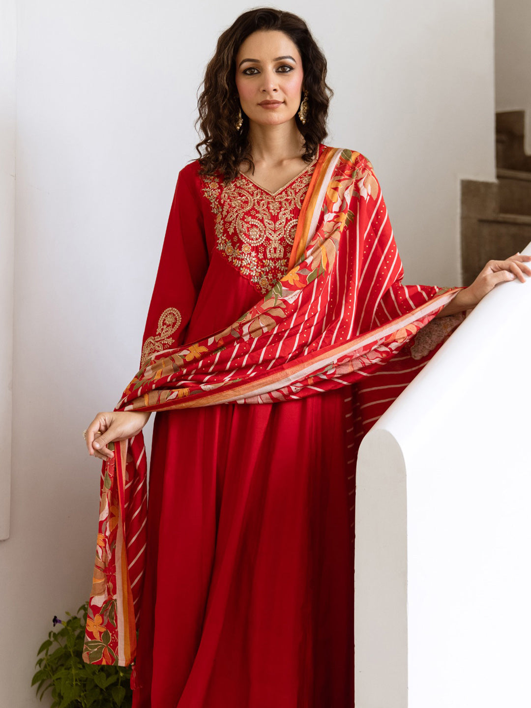 Indo Era Red Embroidered A-Line Kurta Trousers With Dupatta Set