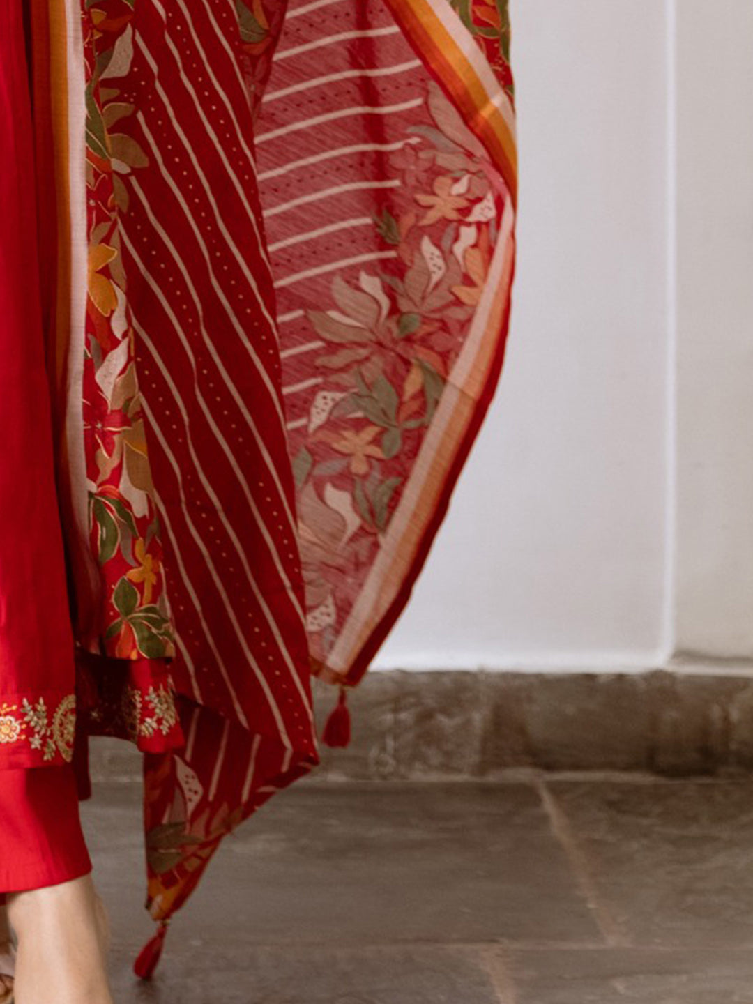 Indo Era Red Embroidered A-Line Kurta Trousers With Dupatta Set