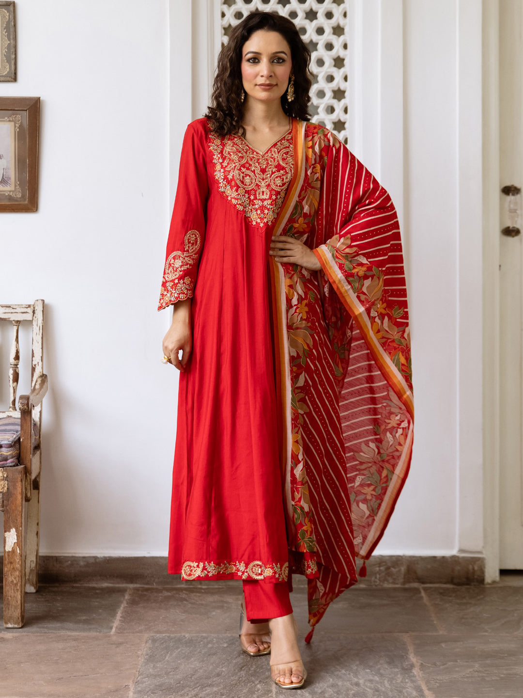 Indo Era Red Embroidered A-Line Kurta Trousers With Dupatta Set