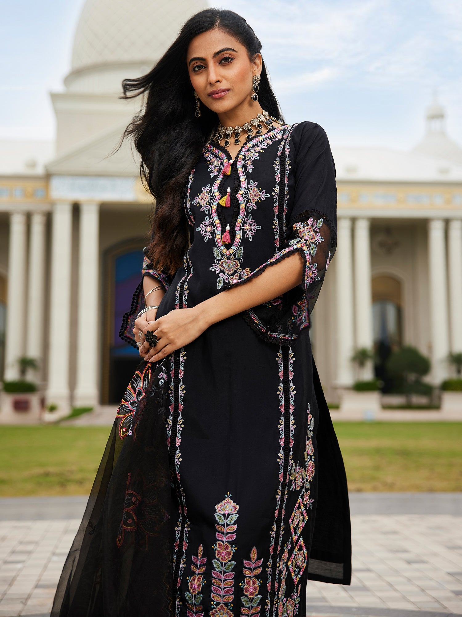 Indo Era Black Embroidered A-Line Kurta Trousers With Dupatta set