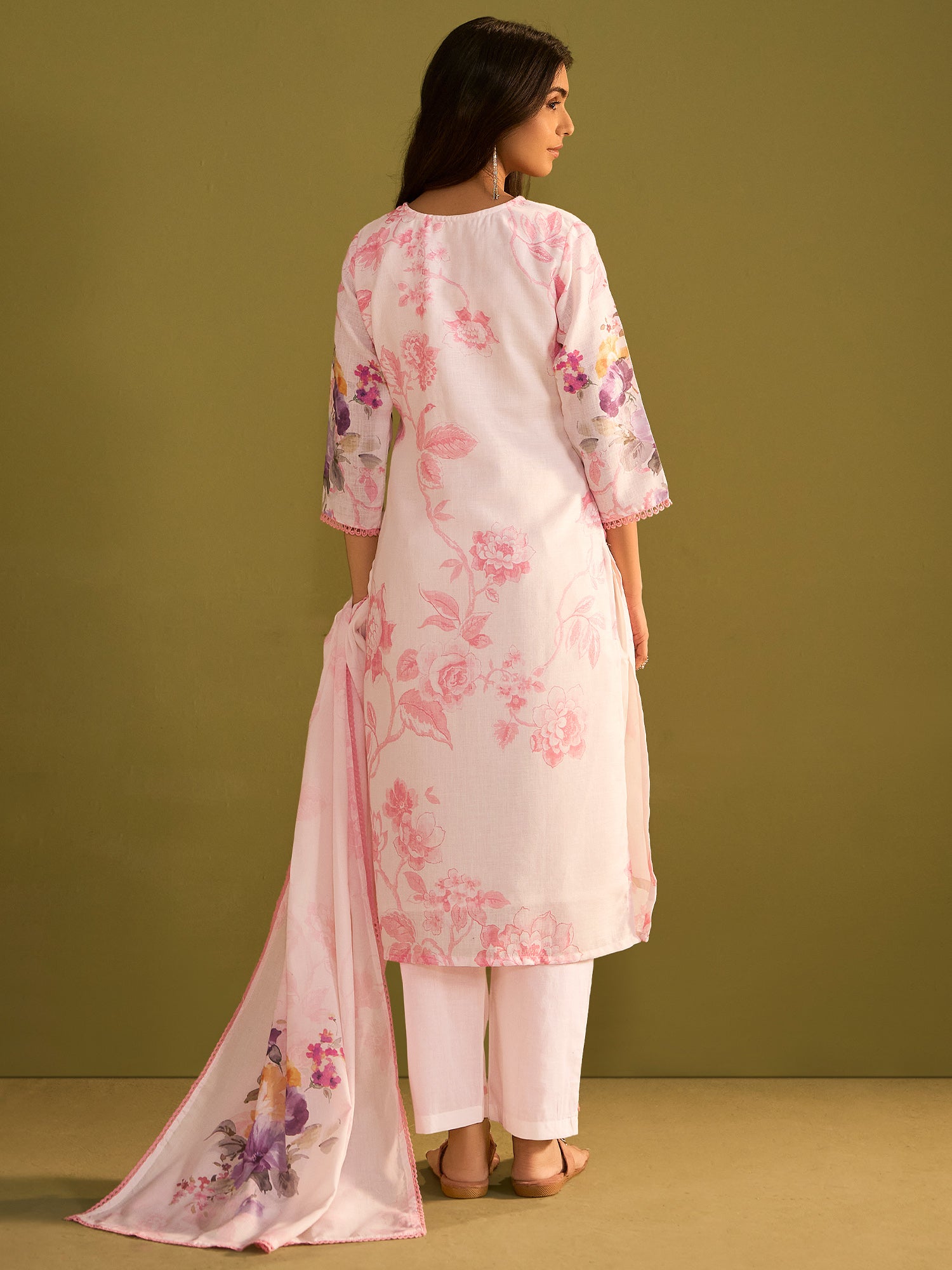 Indo Era White Printed Straight Kurta Trousers With Dupatta Set