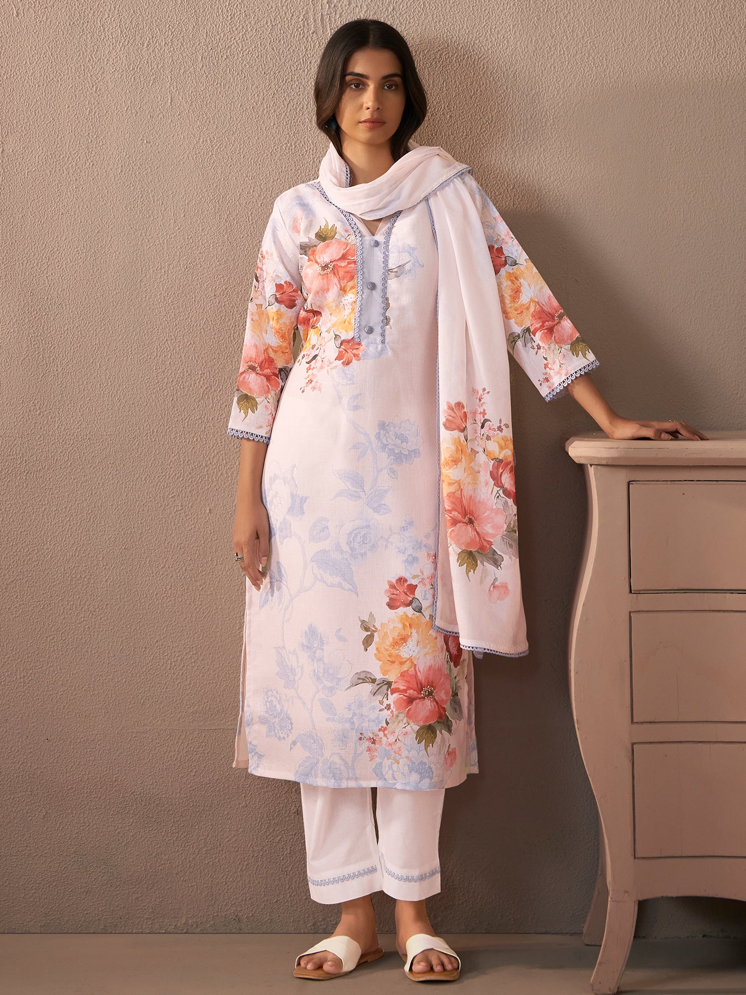 Indo Era White Printed Straight Kurta Trousers With Dupatta Set