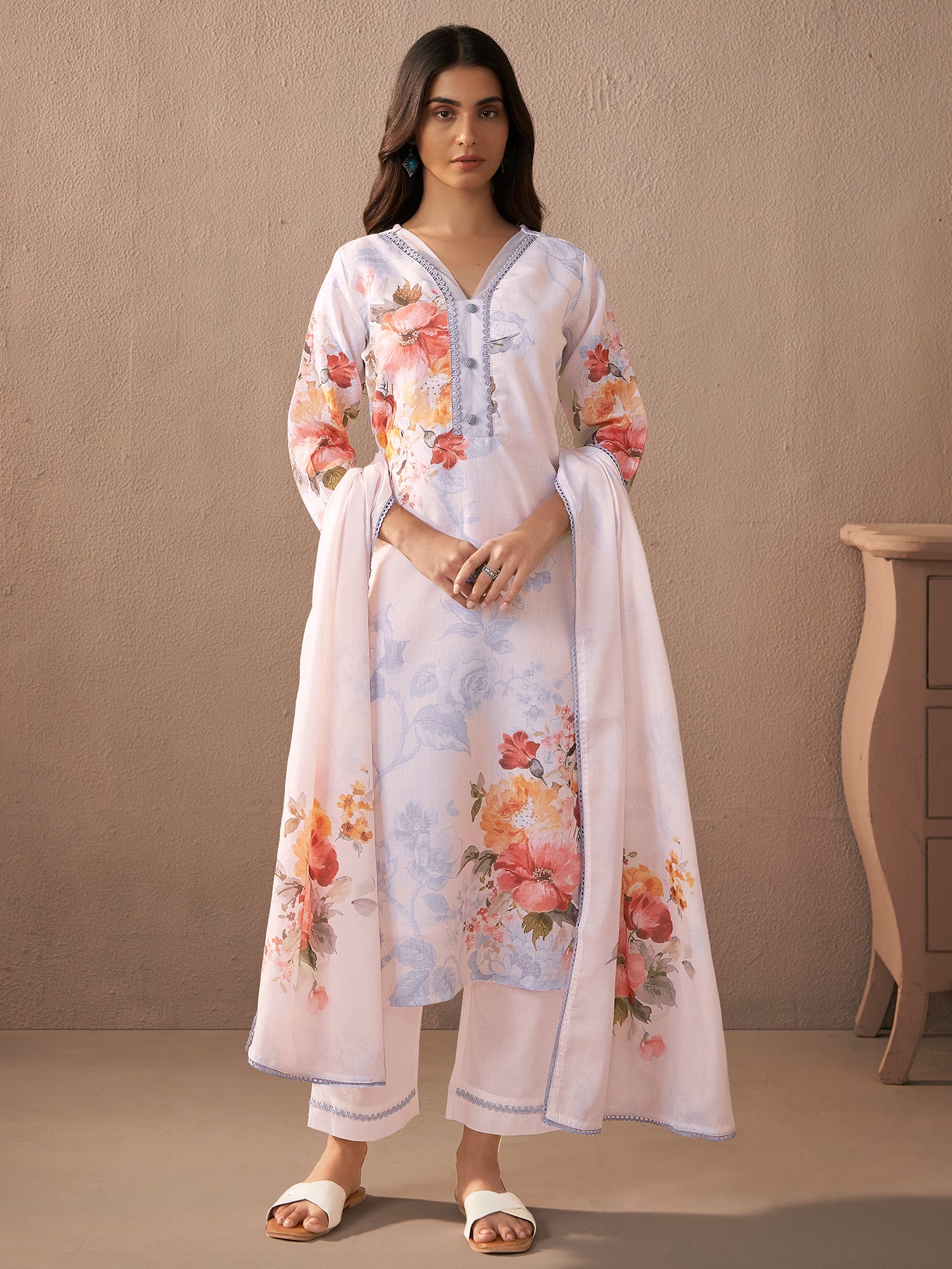 Indo Era White Printed Straight Kurta Trousers With Dupatta Set