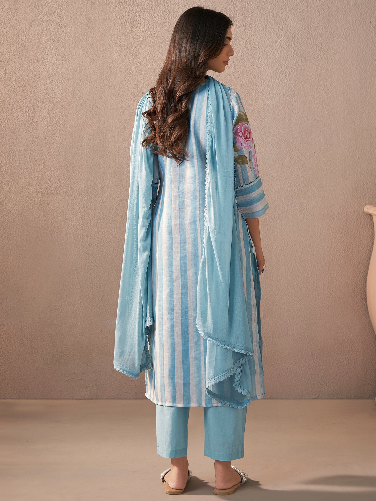 Indo Era Blue Printed Straight Kurta Trousers With Dupatta Set