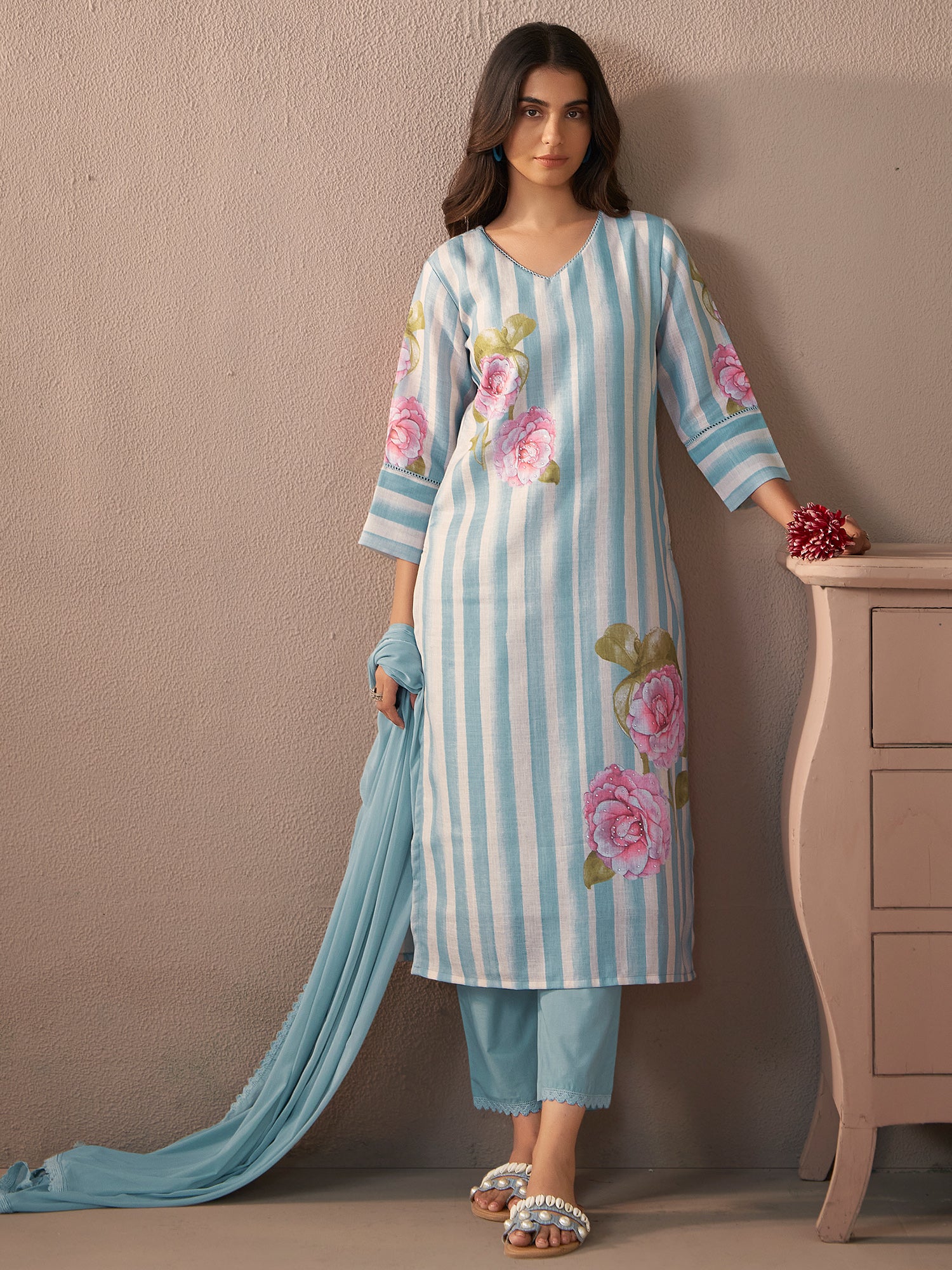 Indo Era Blue Printed Straight Kurta Trousers With Dupatta Set