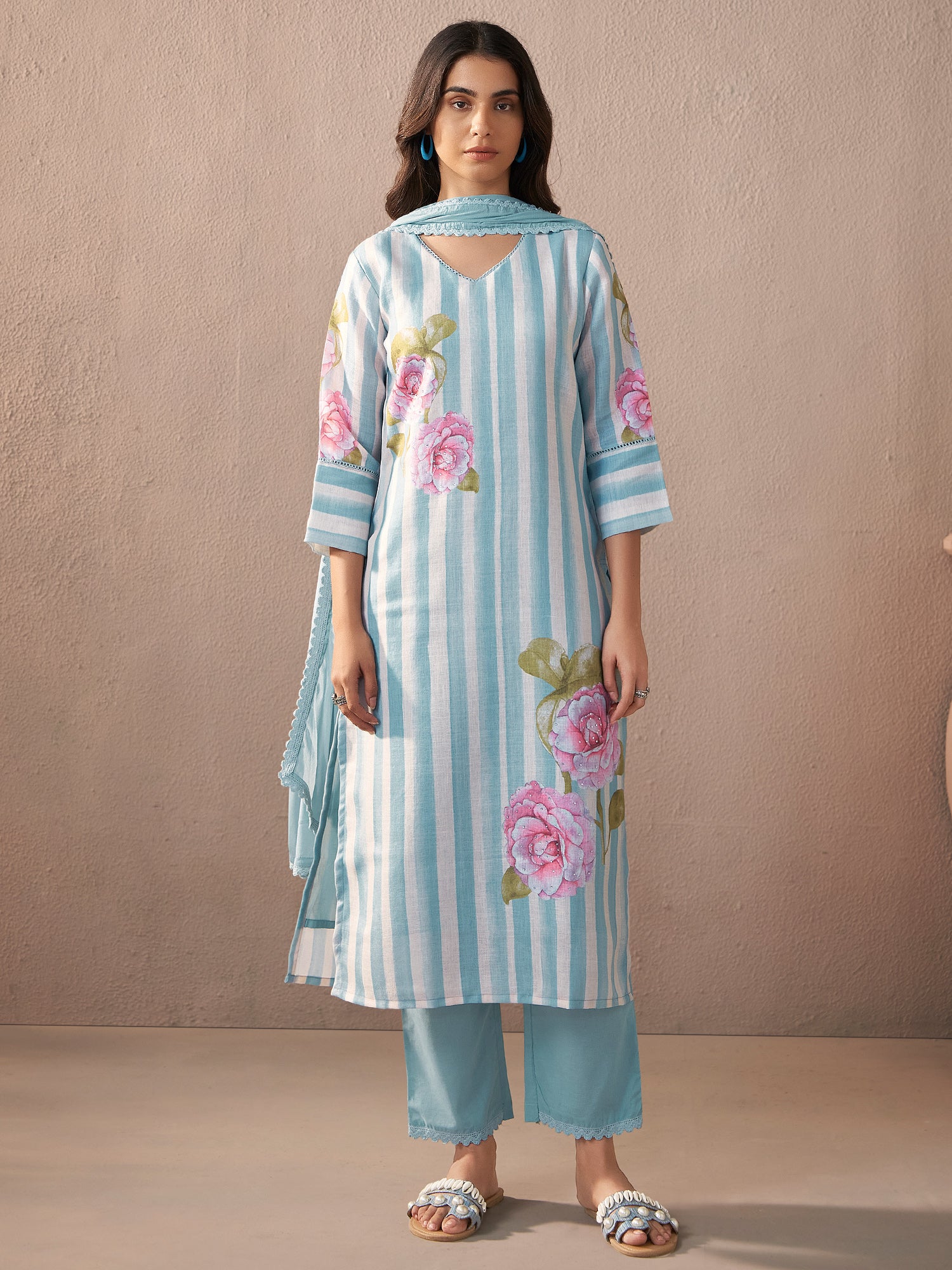 Indo Era Blue Printed Straight Kurta Trousers With Dupatta Set